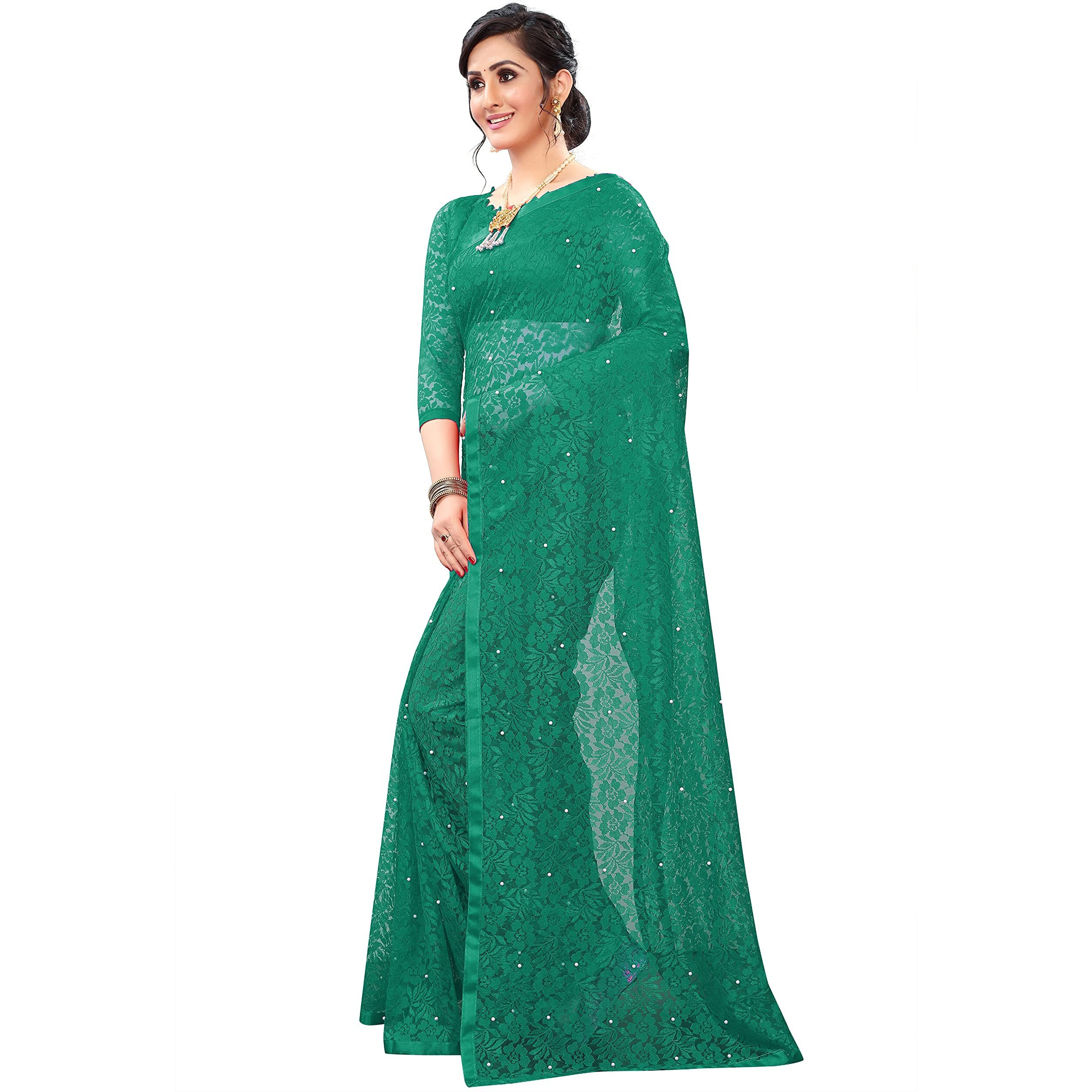 LOROFY Womens Net Saree (With Blouse_Free Size) (Dark Green)