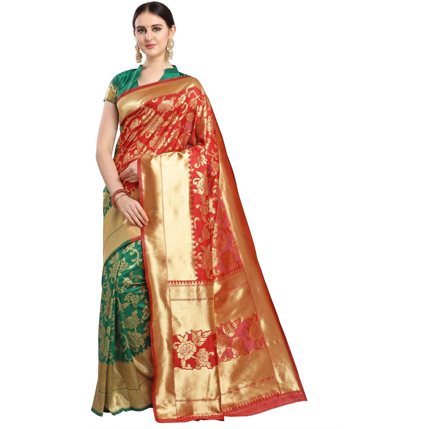 EthnicJunction Womens Woven Banarasi Silk Blend Floral Half and Half Saree With Blouse Piece (EJ6005-5001-Rose-Red Green)