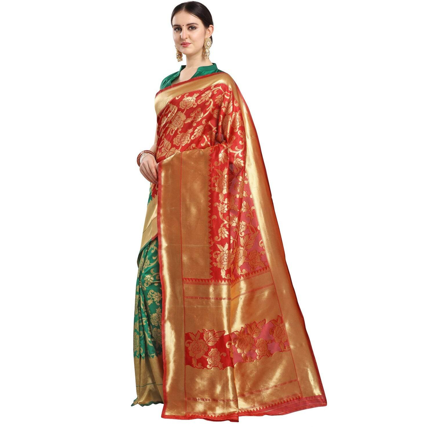 EthnicJunction Womens Woven Banarasi Silk Blend Floral Half and Half Saree With Blouse Piece (EJ6005-5001-Rose-Red Green)