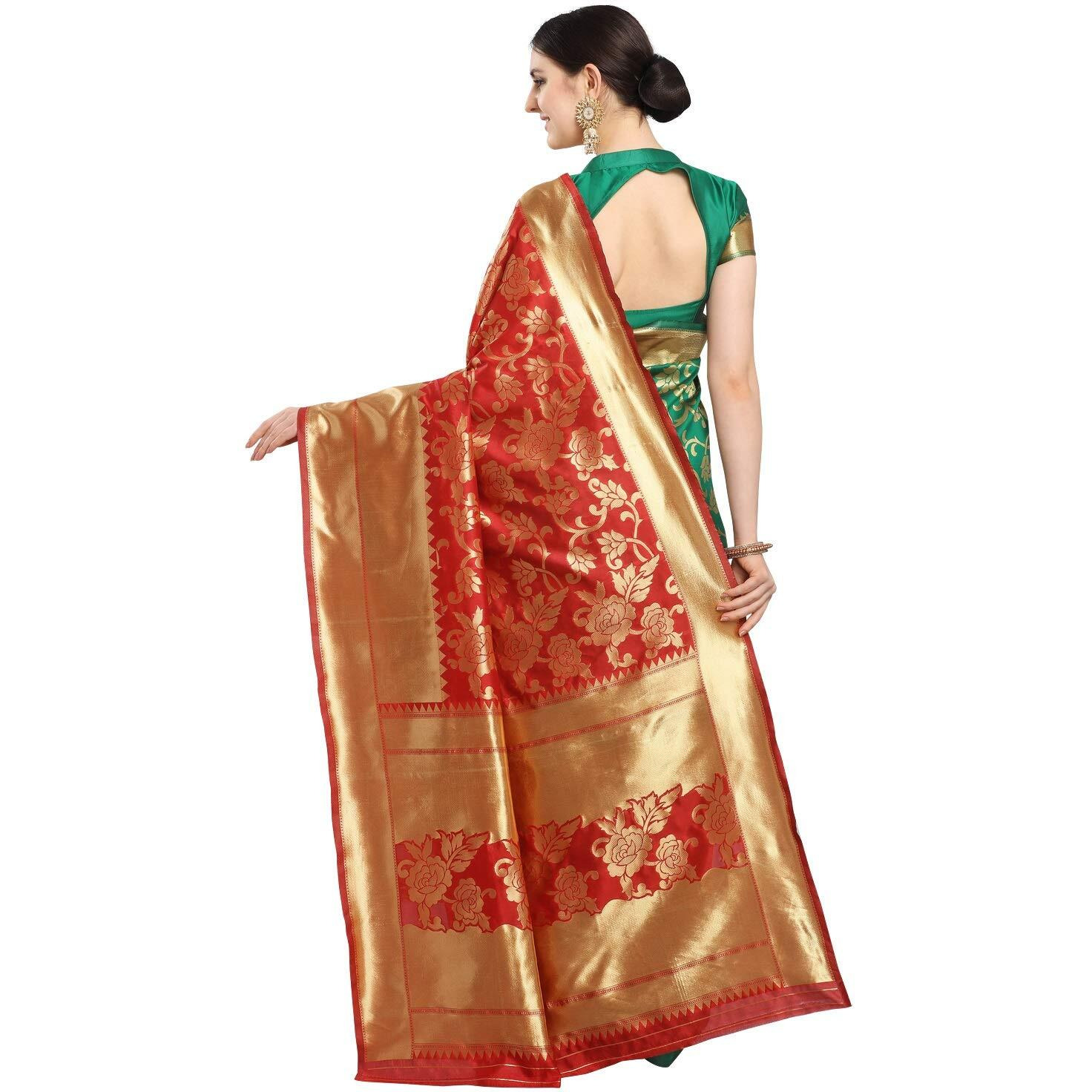 EthnicJunction Womens Woven Banarasi Silk Blend Floral Half and Half Saree With Blouse Piece (EJ6005-5001-Rose-Red Green)