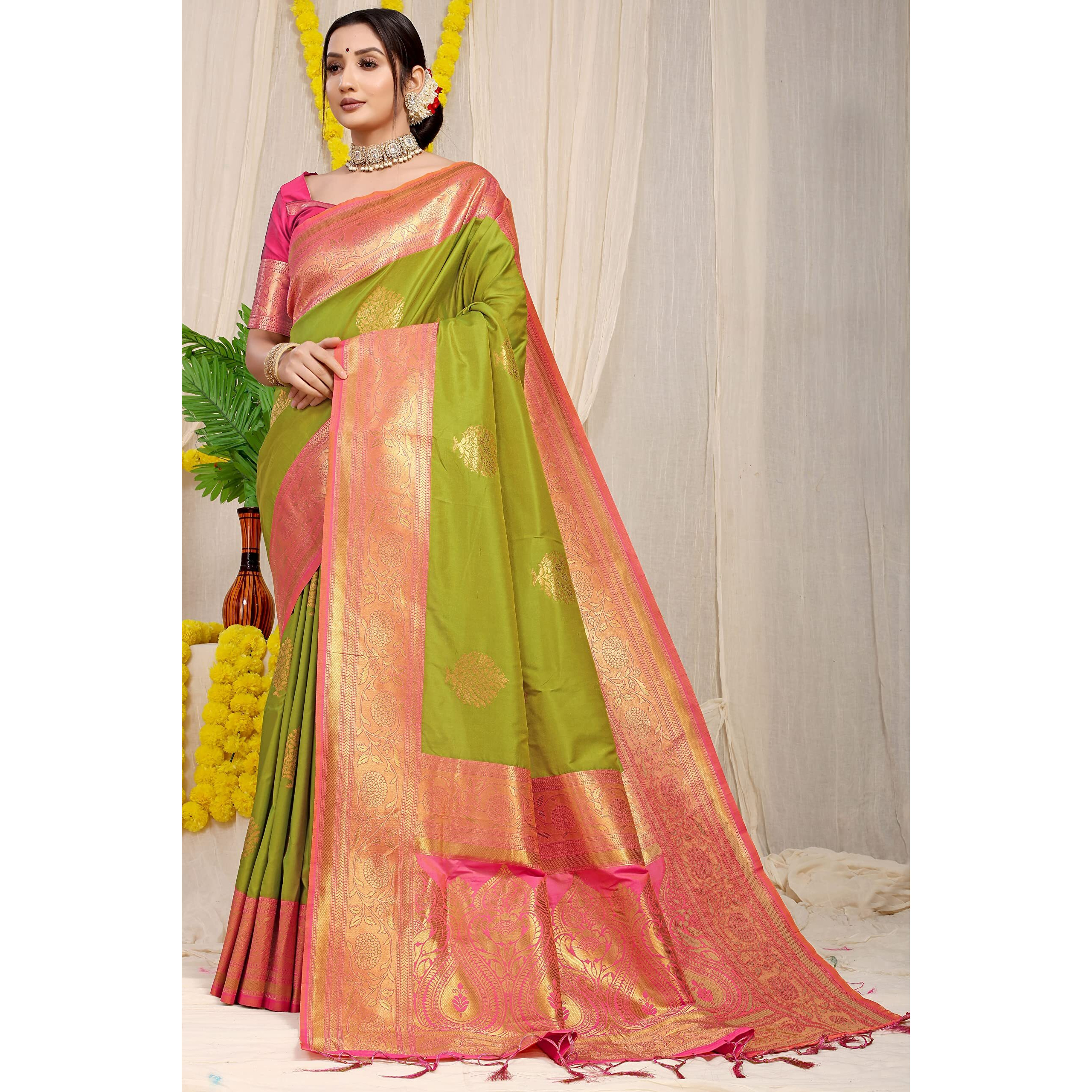 SGF11 Womens Kanjivaram Pure Soft Silk Handloom Saree Pure Golden Zari With Blouse Piece (Green)