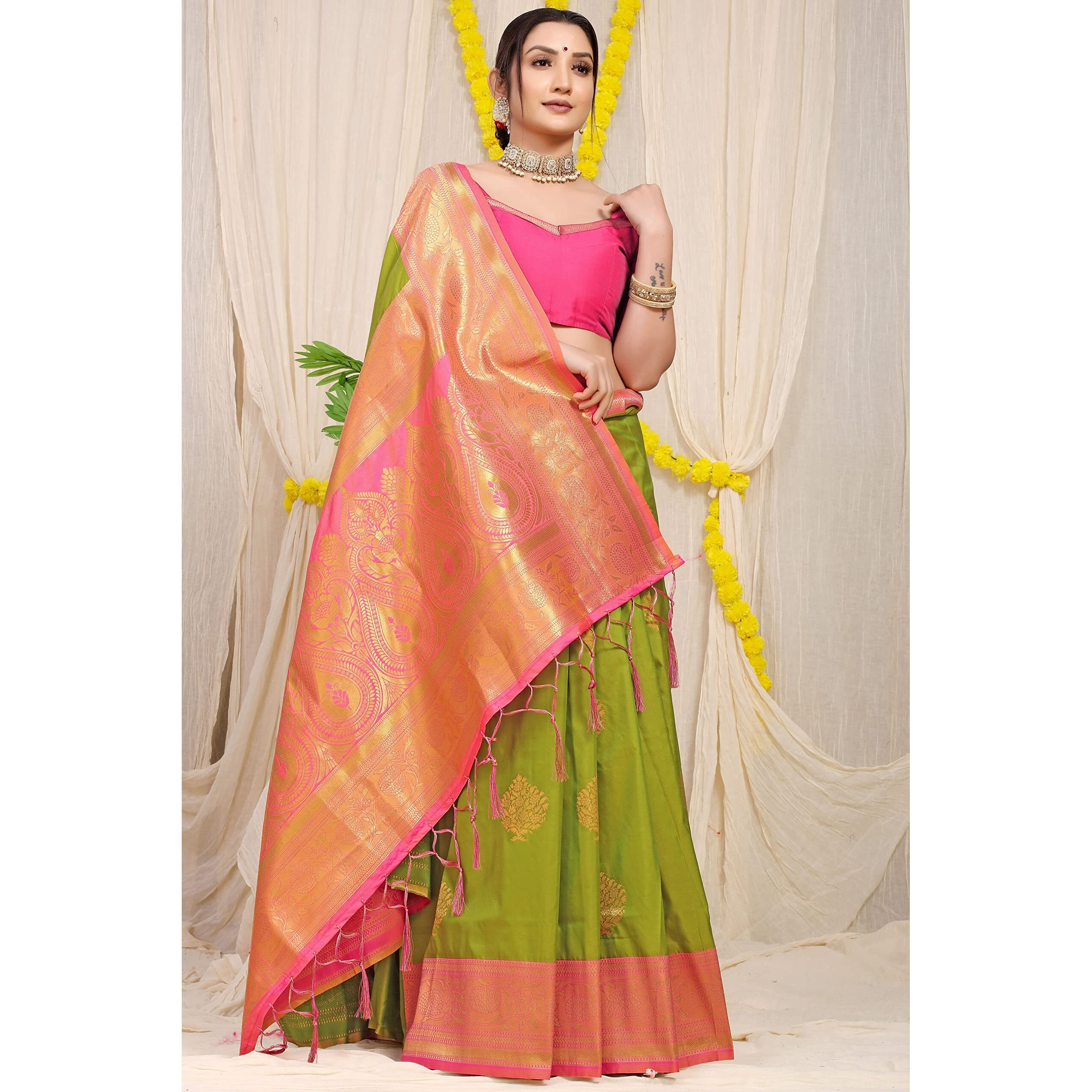 SGF11 Womens Kanjivaram Pure Soft Silk Handloom Saree Pure Golden Zari With Blouse Piece (Green)