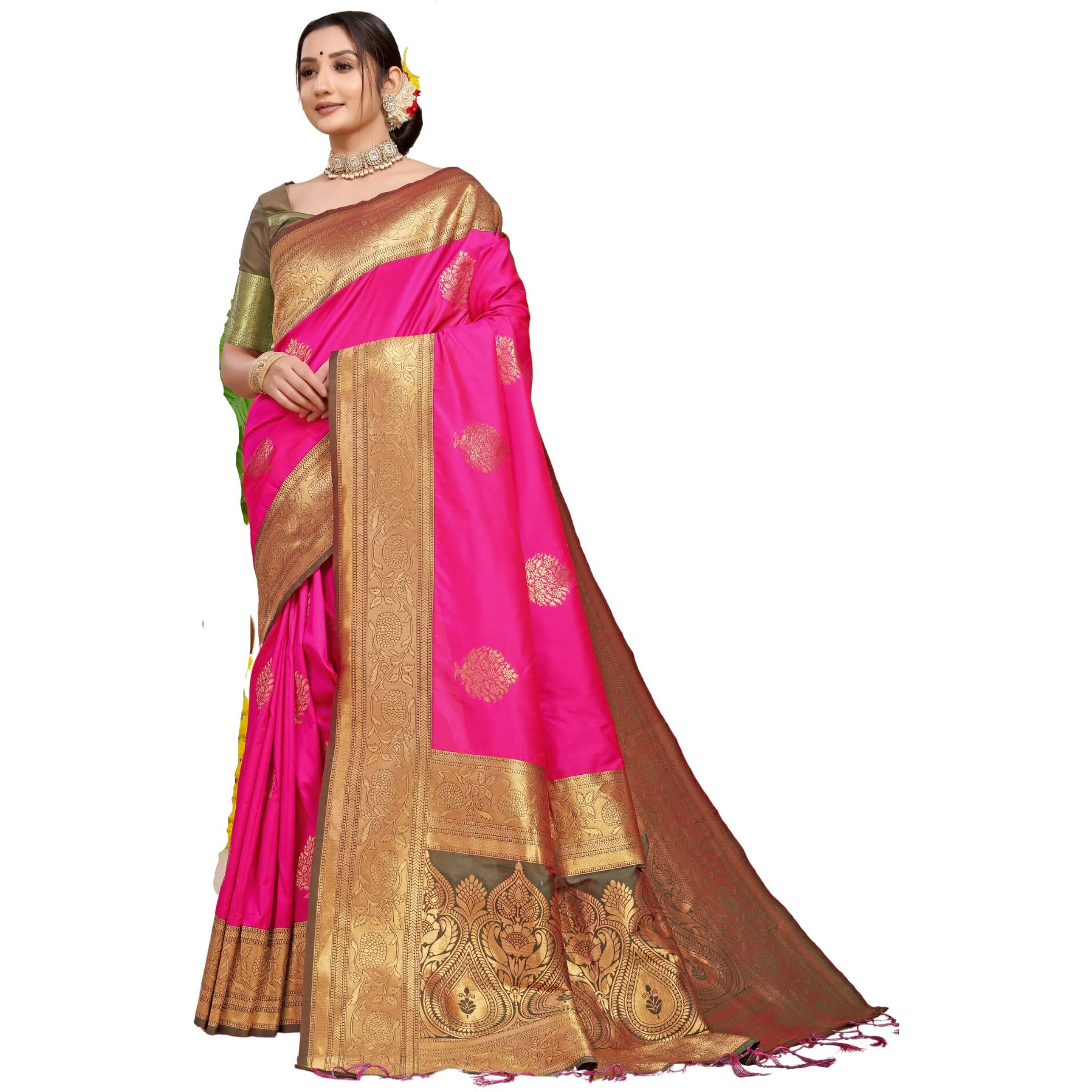 SGF11 Womens Kanjivaram Pure Soft Silk Handloom Saree Pure Golden Zari With Blouse Piece (Pink)