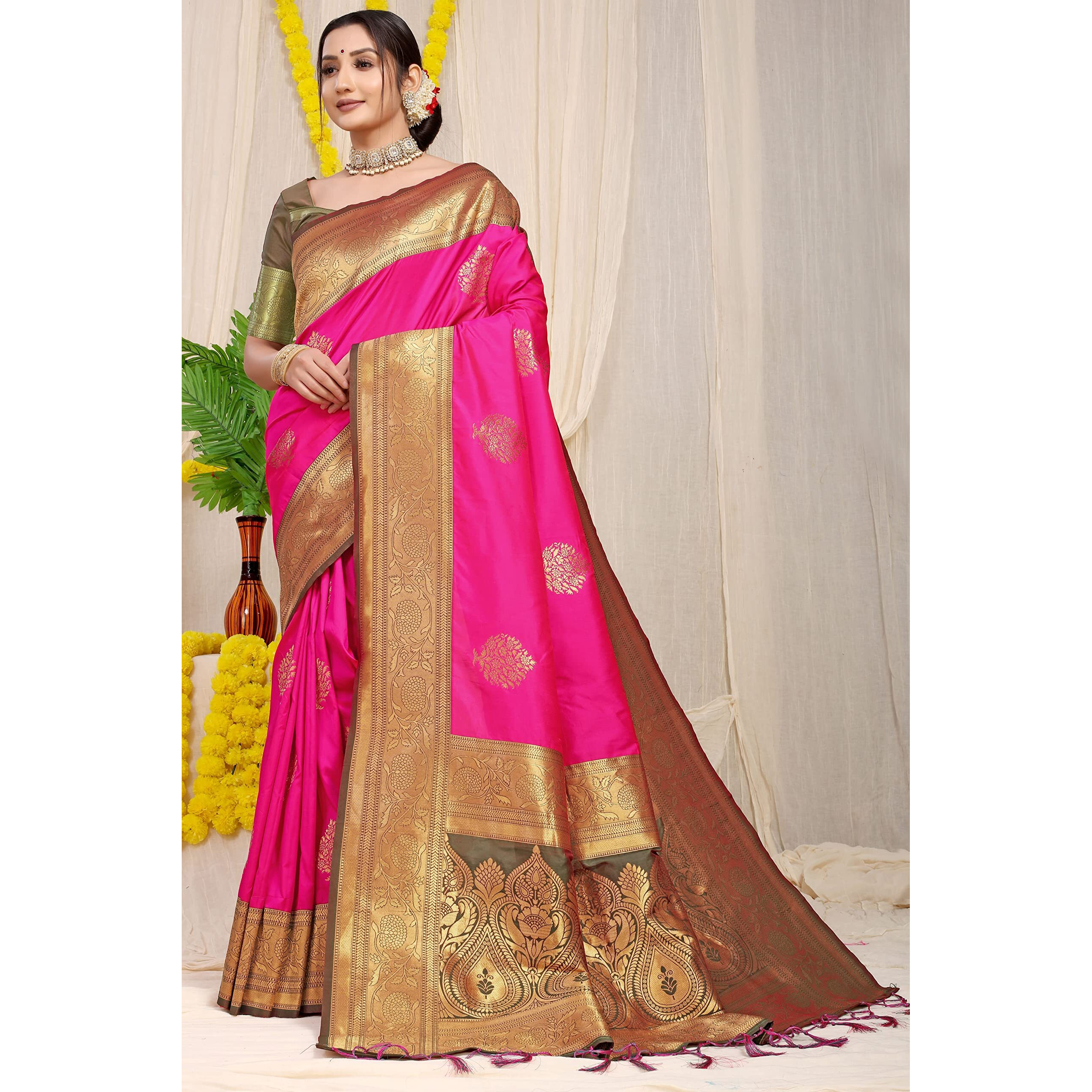 SGF11 Womens Kanjivaram Pure Soft Silk Handloom Saree Pure Golden Zari With Blouse Piece (Pink)