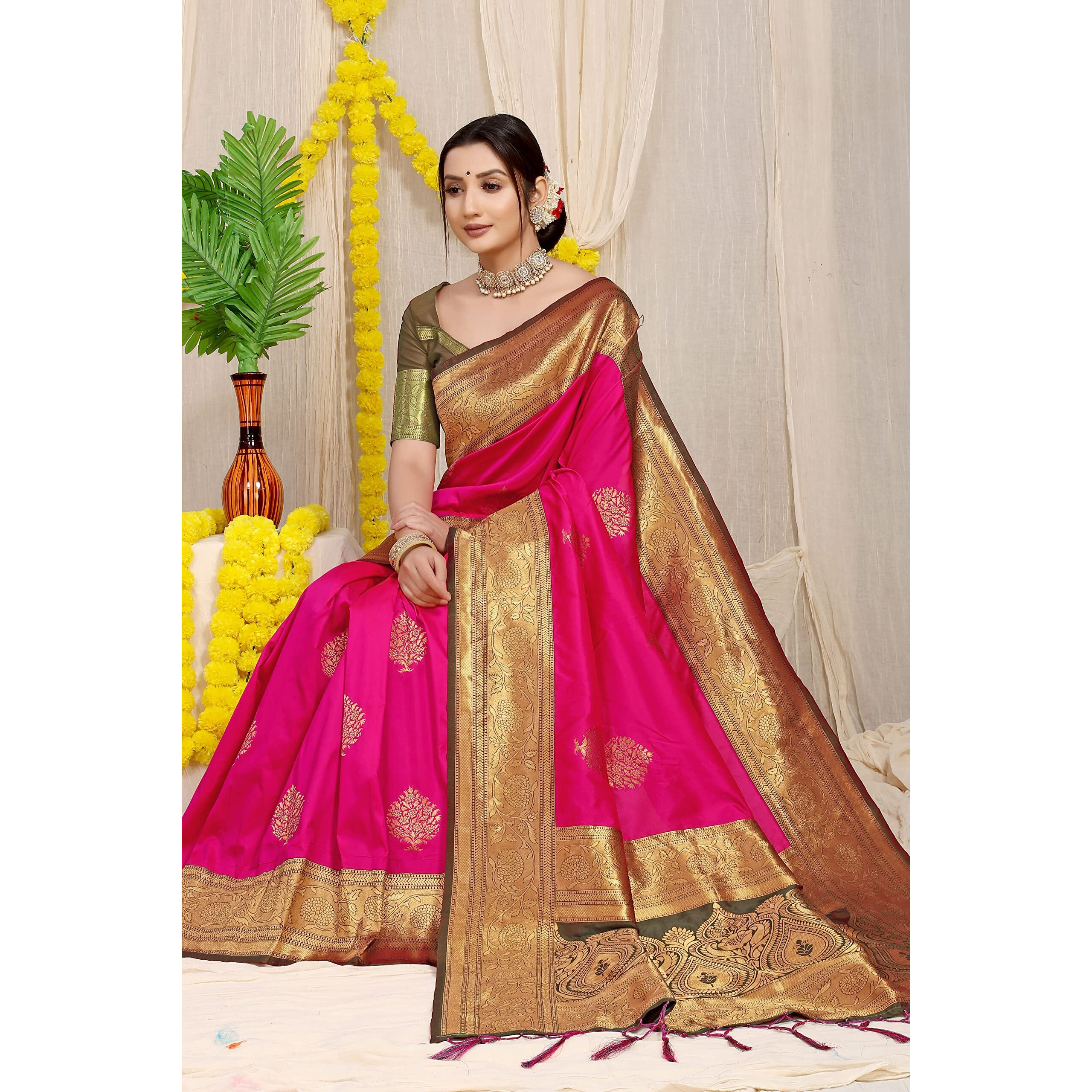 SGF11 Womens Kanjivaram Pure Soft Silk Handloom Saree Pure Golden Zari With Blouse Piece (Pink)