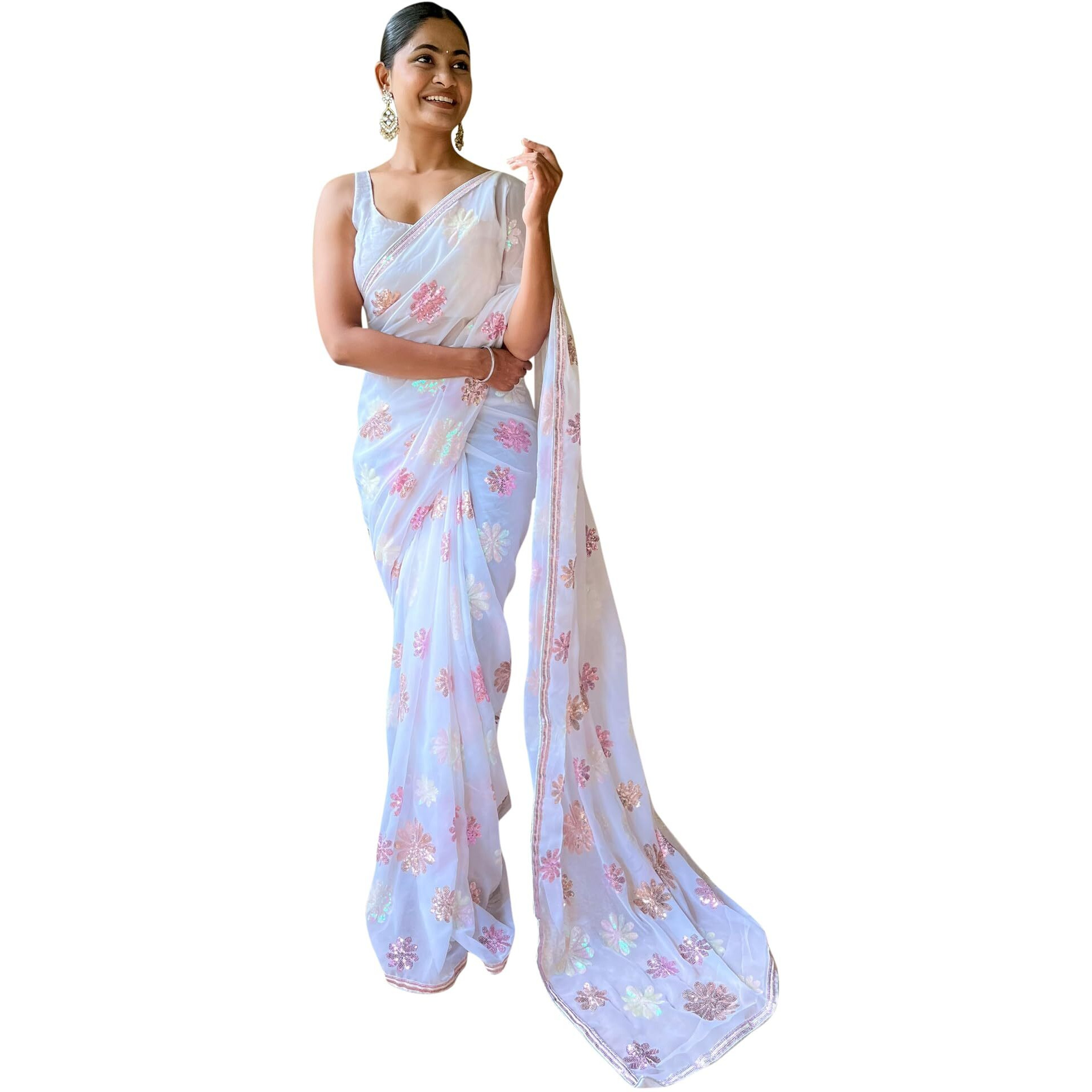 AKHILAM Womens Georgette White Embellished Designer Saree With Blouse Piece (KESARI7009_KR)