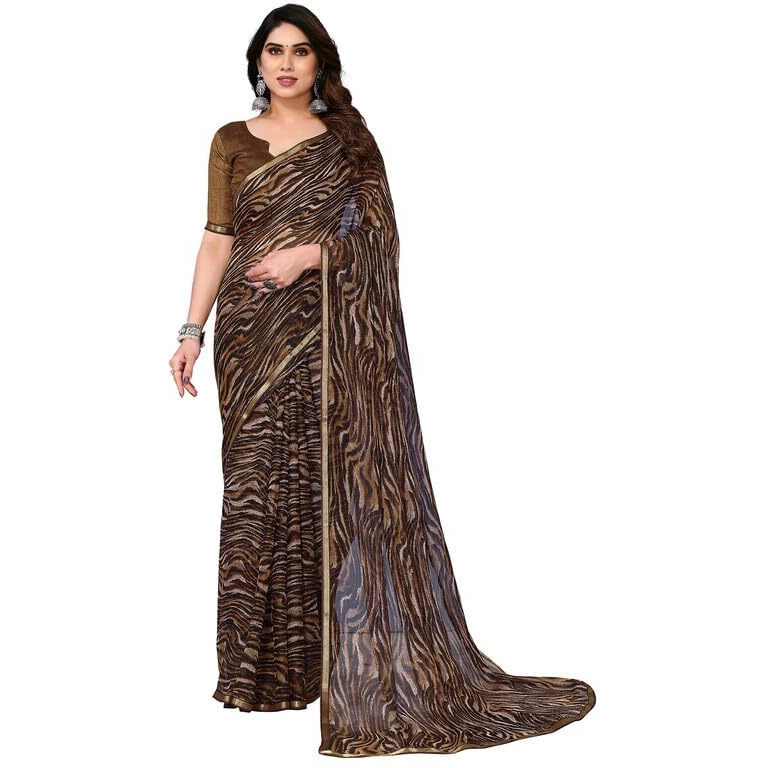 SIRIL Womens Animal Printed Chiffon Saree with Unstitched Blouse Piece (3296S571_Brown)