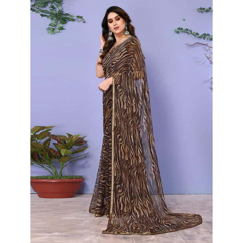 SIRIL Womens Animal Printed Chiffon Saree with Unstitched Blouse Piece (3296S571_Brown)