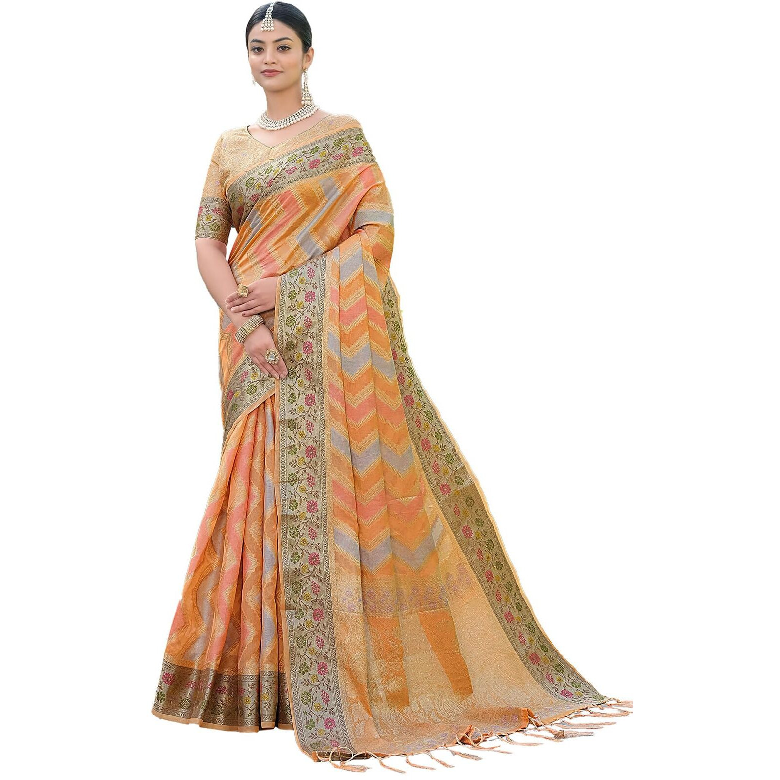 SIRIL Womens Banarasi Jacquard, Tassel Organza Saree with Unstitched Blouse(3086S143_Orange)