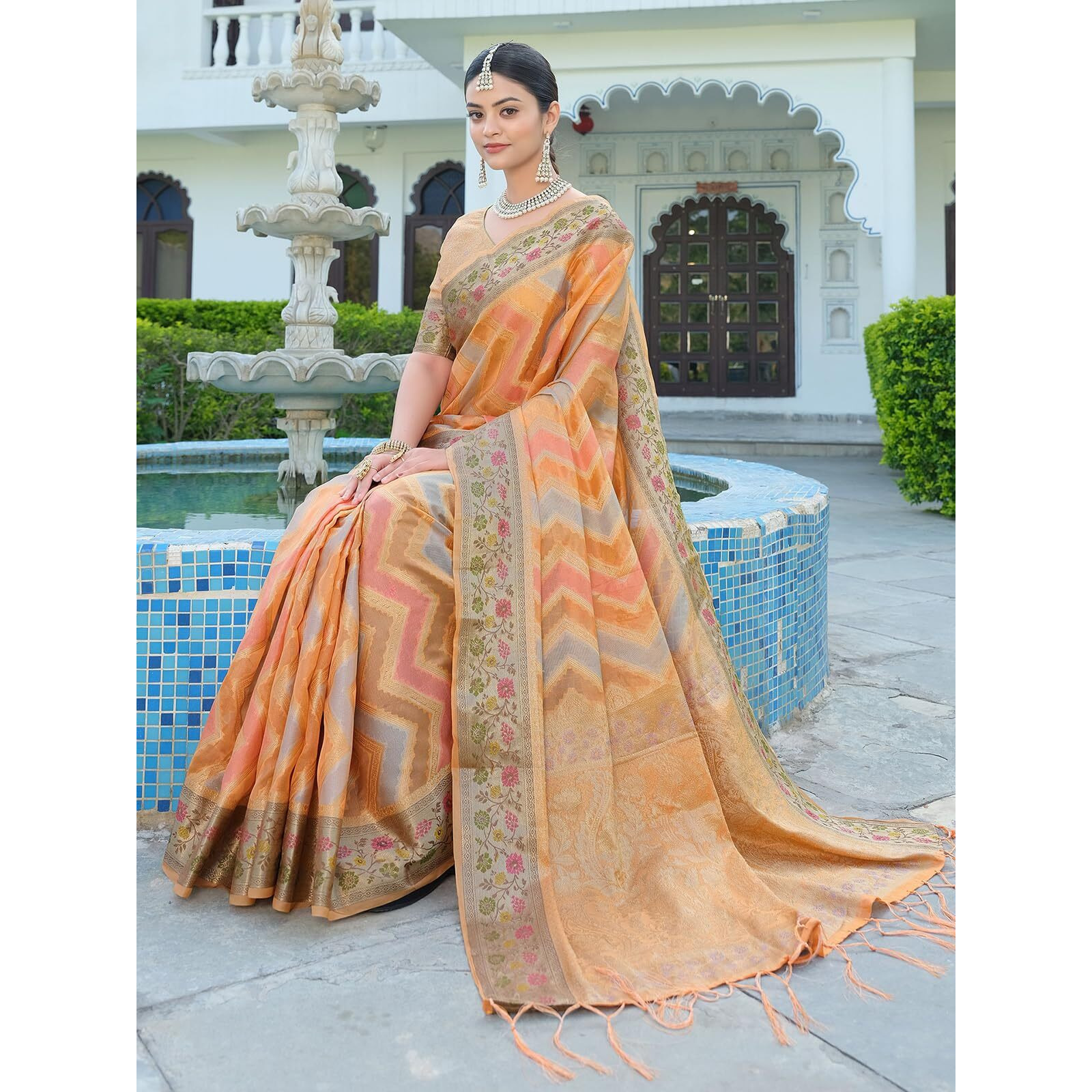 SIRIL Womens Banarasi Jacquard, Tassel Organza Saree with Unstitched Blouse(3086S143_Orange)