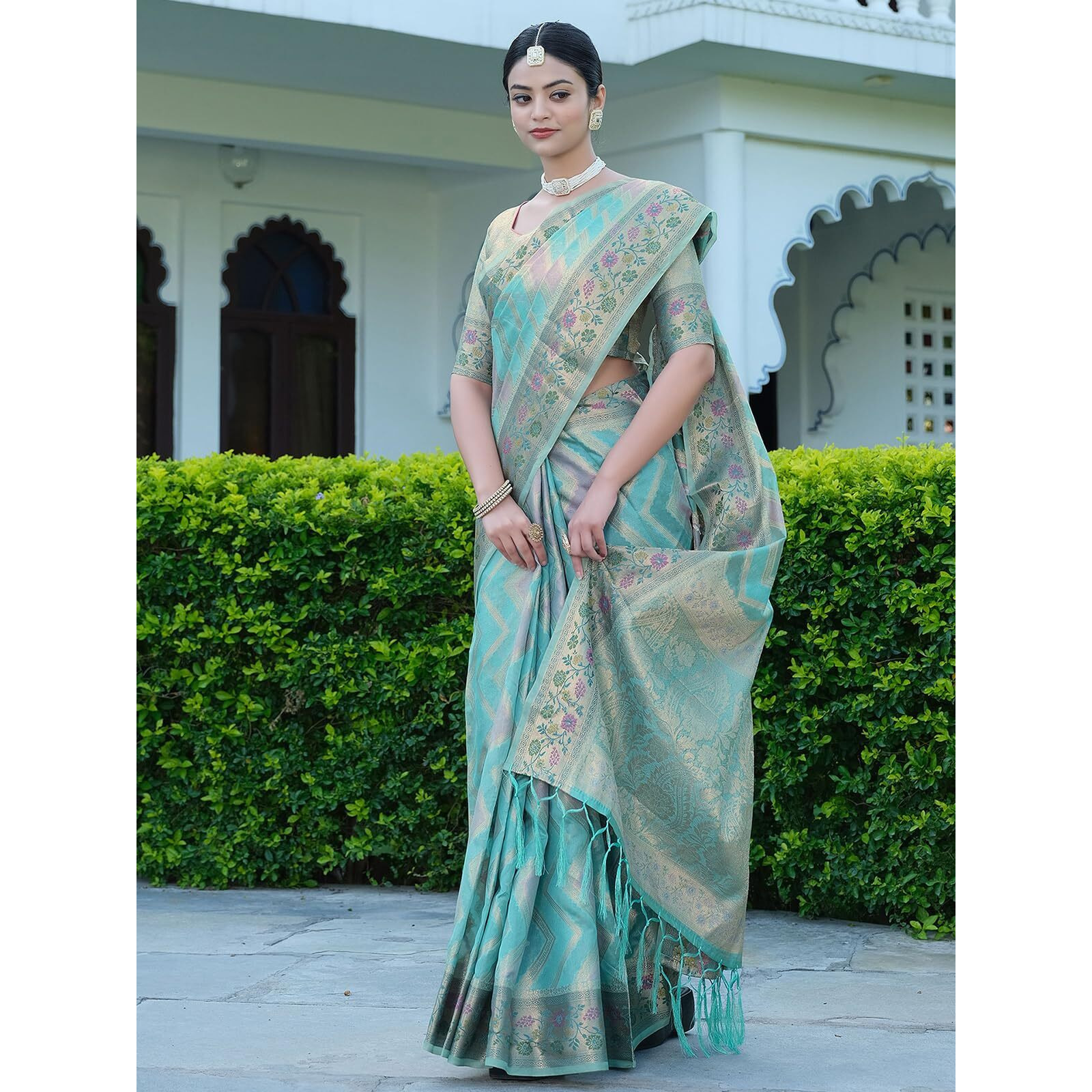 SIRIL Womens Banarasi Jacquard, Tassel Organza Saree with Unstitched Blouse(3086S141_Light Blue)