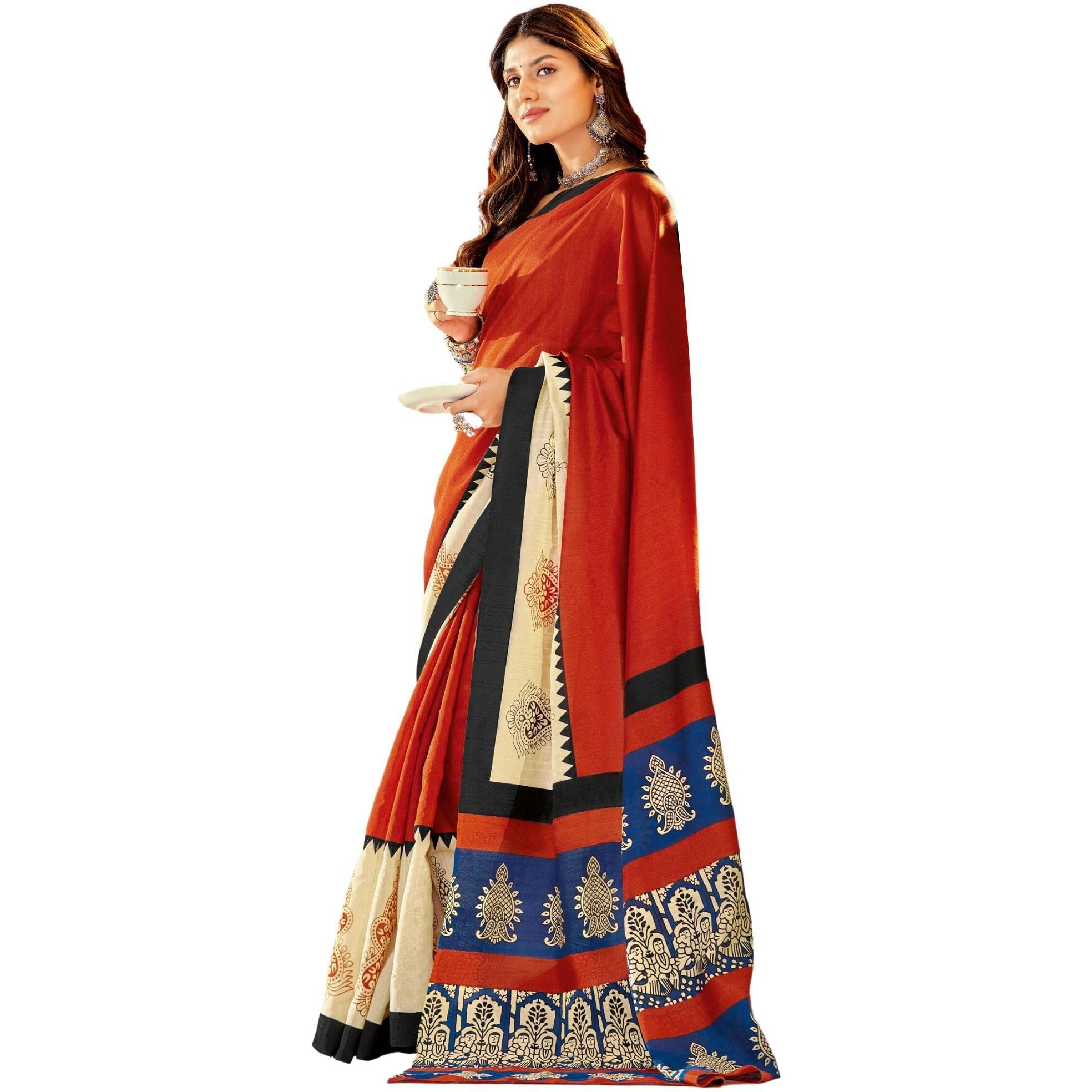 AKHILAM Womens Bagh Bhagalpuri Silk Printed Saree With Unstitched Blouse Piece (Rust_22WOM22902_HS)