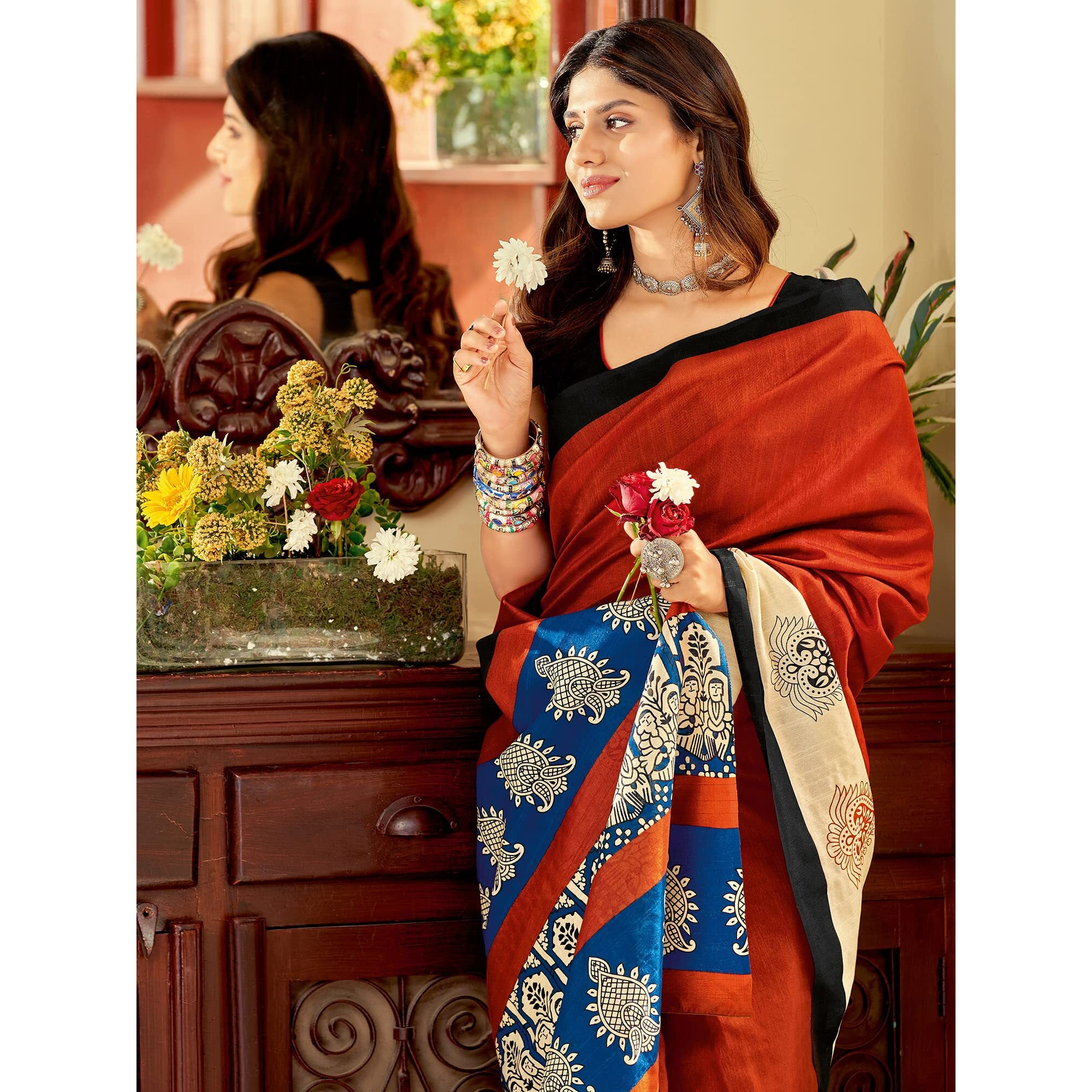 AKHILAM Womens Bagh Bhagalpuri Silk Printed Saree With Unstitched Blouse Piece (Rust_22WOM22902_HS)