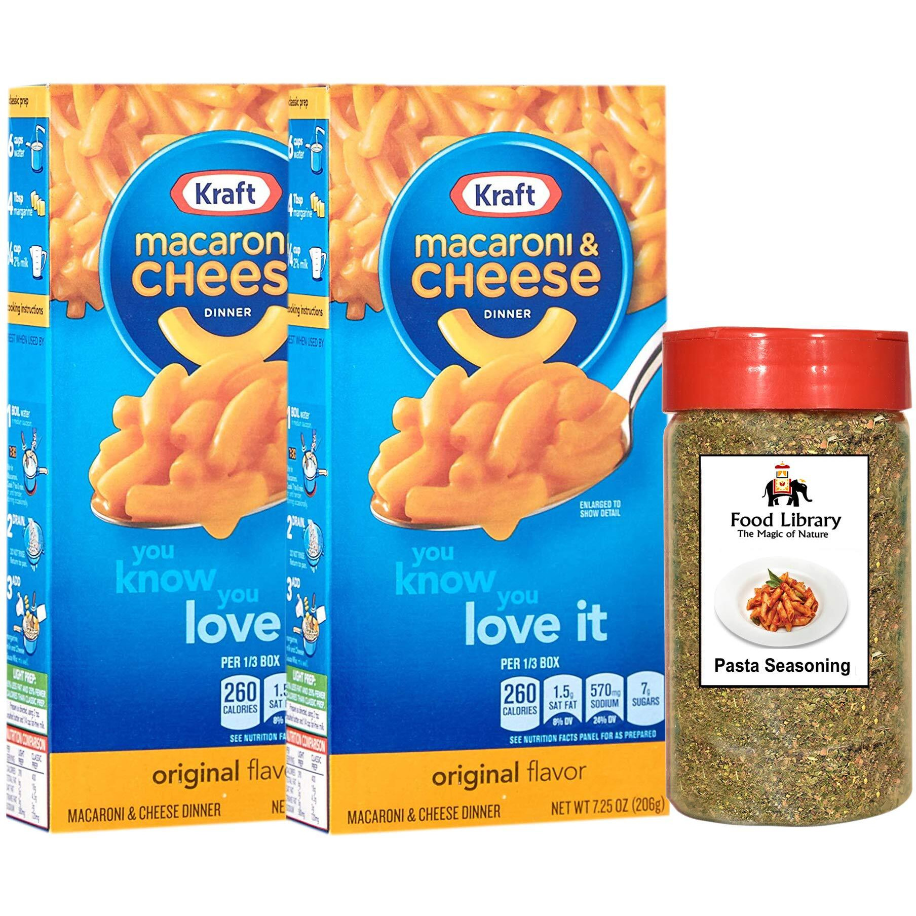 Food Library The Magic of Nature Combo Kraft Macaroni & Cheese, 206 g (Pack of 2) and Pasta Seasoning Mix, 40g