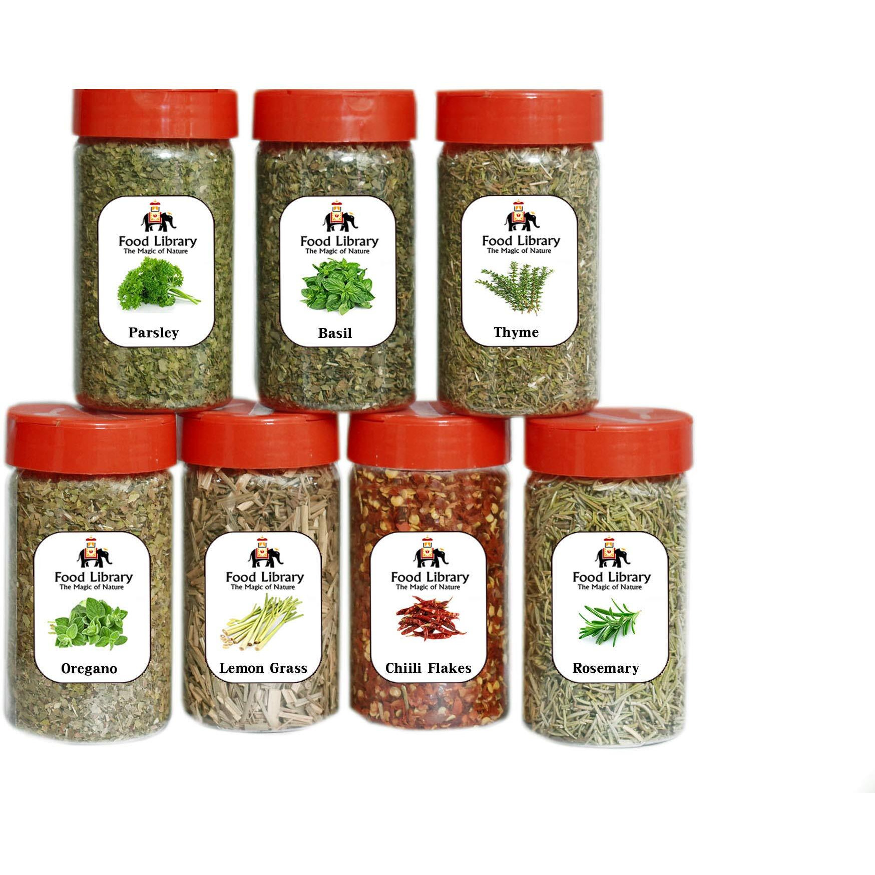 FOOD LIBRARY THE MAGIC OF NATURE Combo Of Dried Lemon Grass, Chilli Flakes, Oregano, Basil, Parsley, Rosemary & Thyme Seasoning/Herbs Sprinkler, - 300 Gram