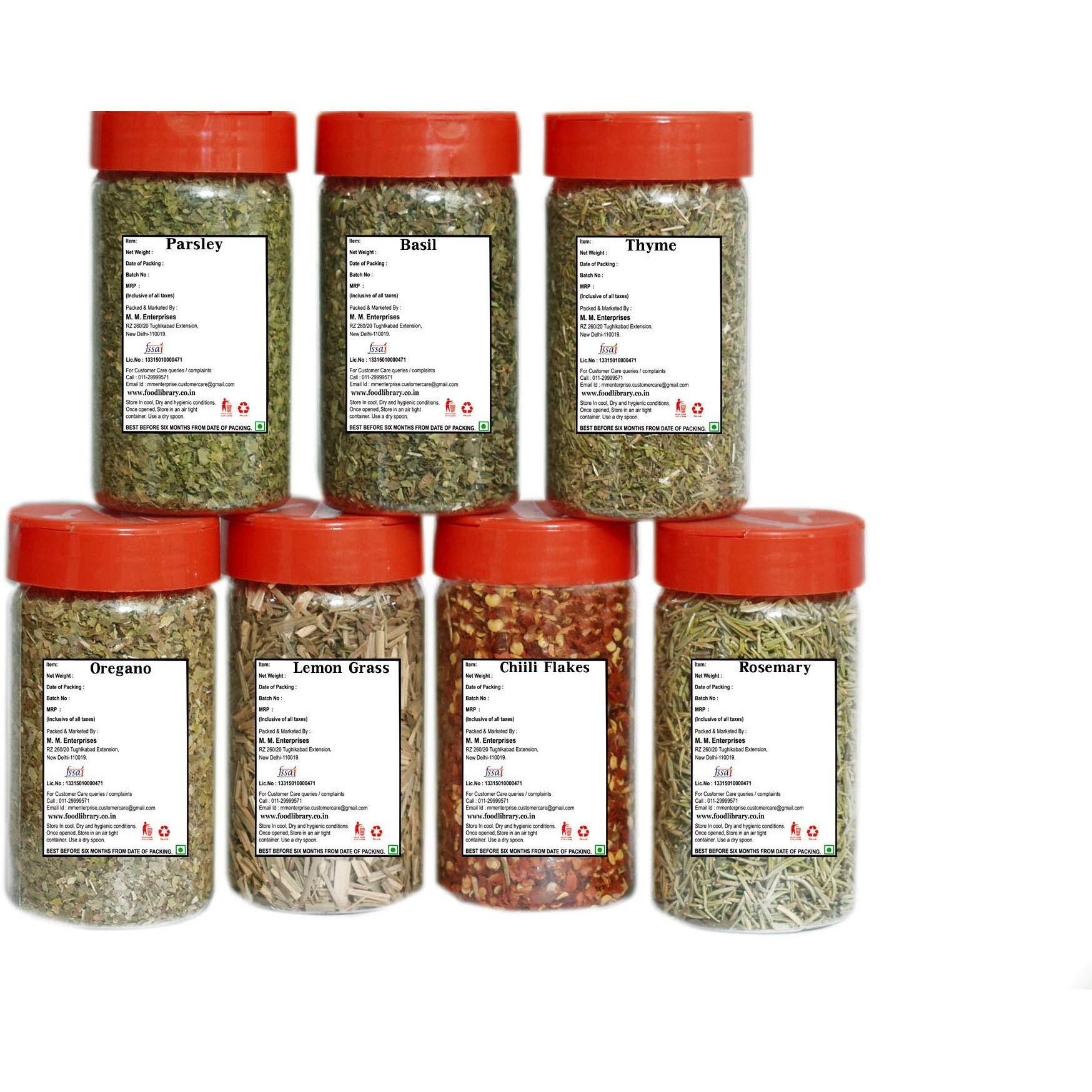 FOOD LIBRARY THE MAGIC OF NATURE Combo Of Dried Lemon Grass, Chilli Flakes, Oregano, Basil, Parsley, Rosemary & Thyme Seasoning/Herbs Sprinkler, - 300 Gram