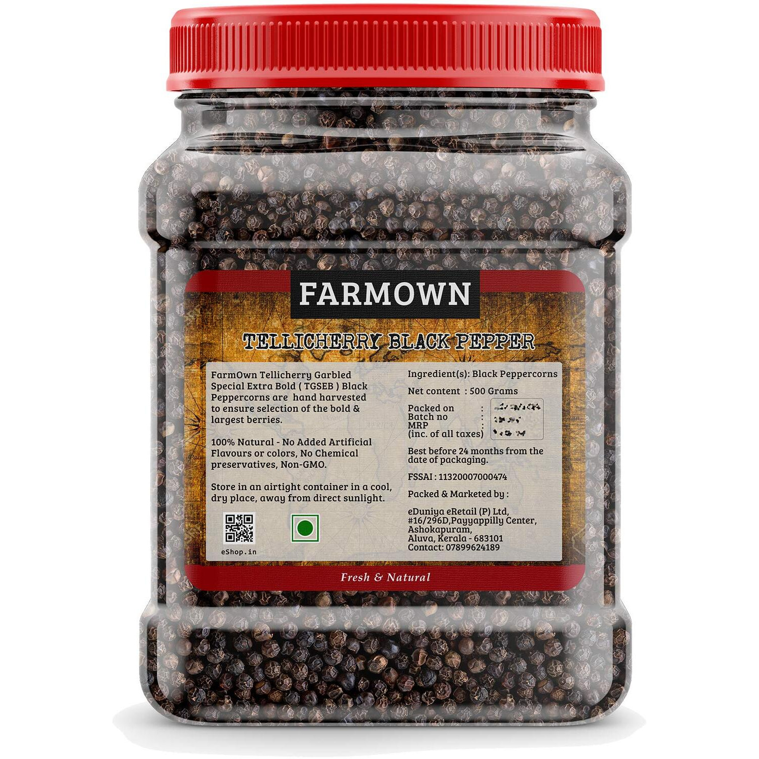 Farmown Tellicherry Black Pepper TGSEB Extra Bold 500 Grams