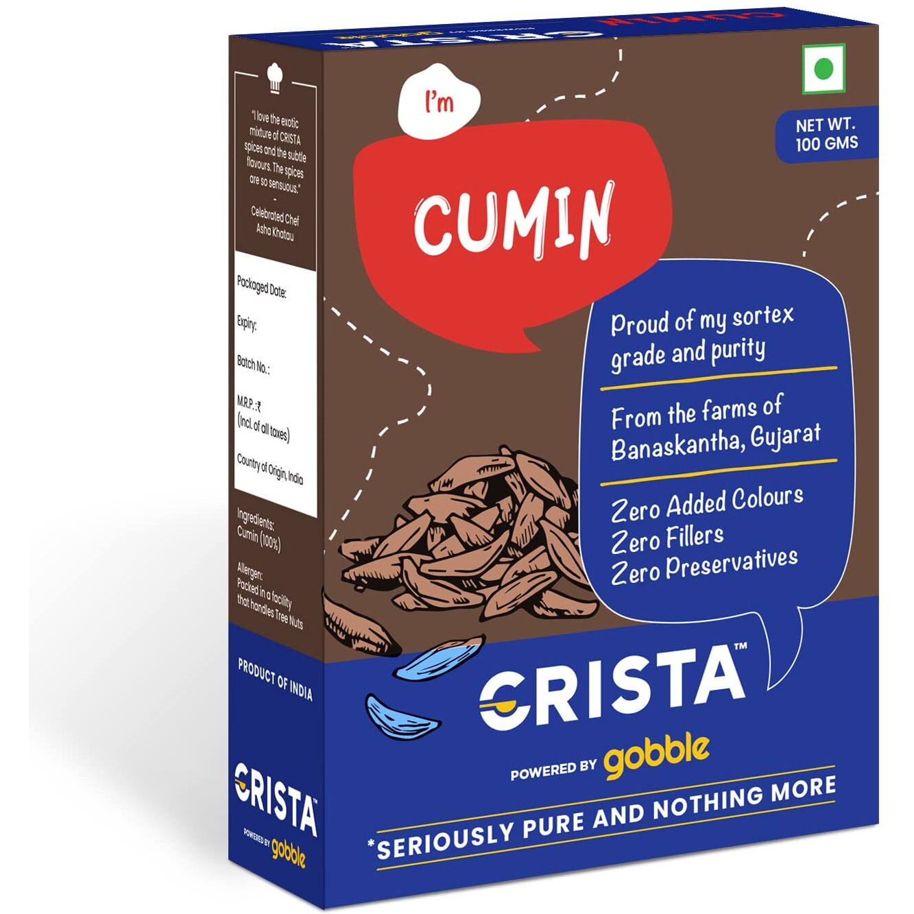 CRISTA Cumin Seed, Whole Cumin, Pure Jeera, Zero added Colours, Fillers, Additives & Preservatives, Premium Grade Brownish-grey Farm Fresh & Aromatic, 100 gms