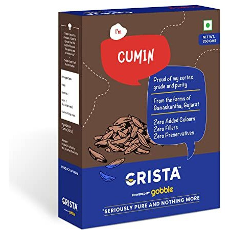 CRISTA Cumin Seed, Whole Cumin, Pure Jeera, Zero added Colours, Fillers, Additives & Preservatives Premium Grade Brownish-grey Farm Fresh & Aromatic, 250 gms