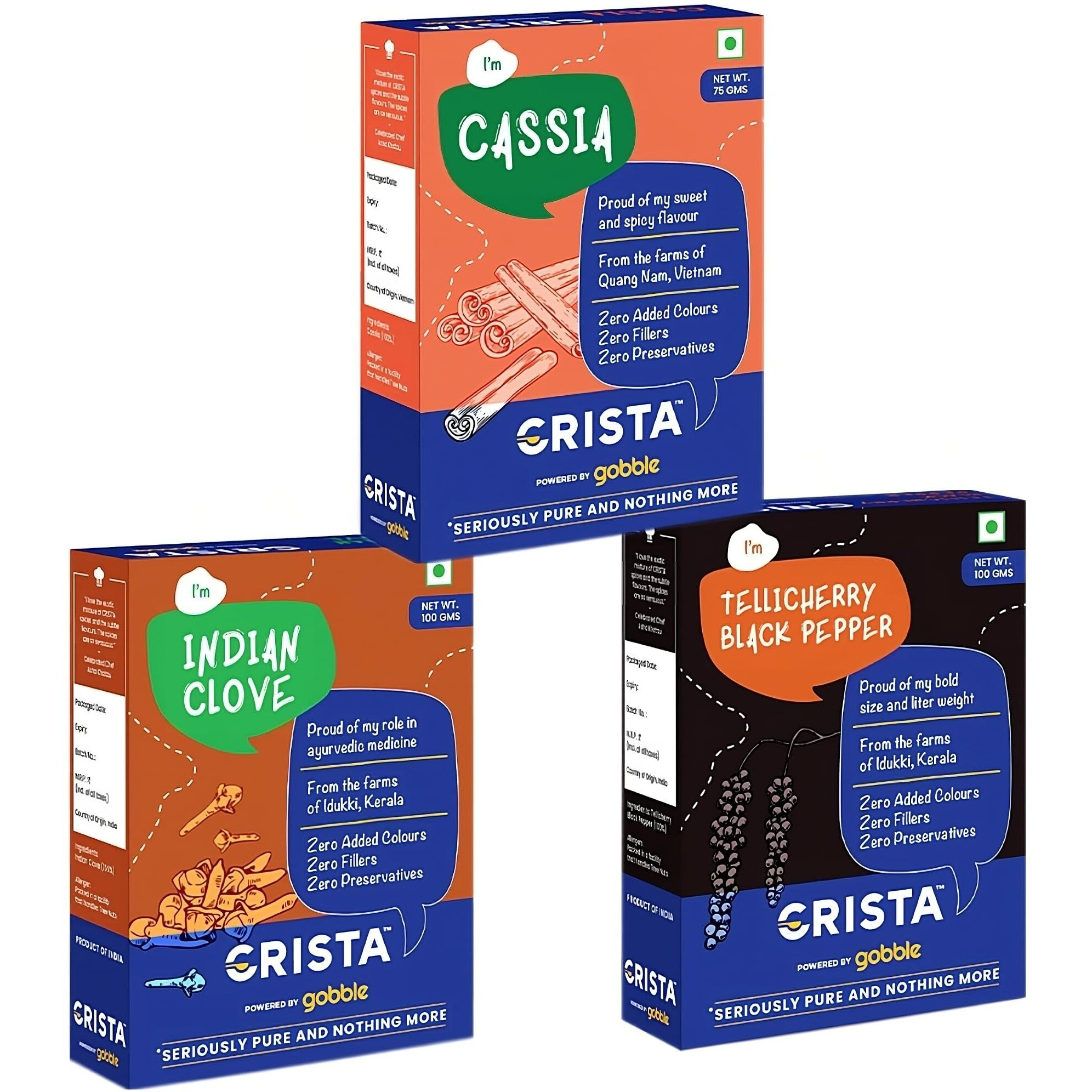 CRISTA SERIOUSLY PURE AND NOTHING MORE Daily Whole Spices (Masala) Combo Pack - 1 | Cassia x 1, 75 gms | Cloves x 1, 100 gms | Tellicherry Black Pepper x 1, 100 gms | Pack of 3 | No added Colours, Fillers, Additives & Preservatives