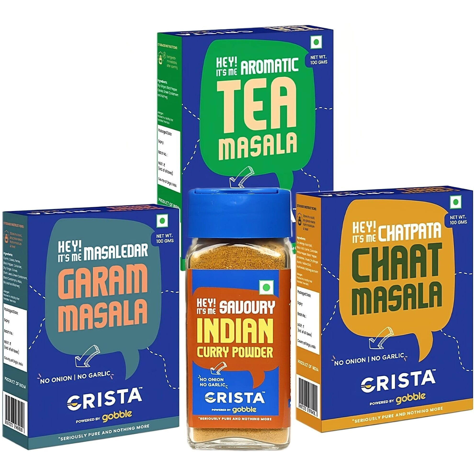 CRISTA Desi Multipurpose Seasonings Combo Pack - 1 | Chaat Masala x 1, 100 gms | Garam Masala x 1, 100 gms | Indian Curry Powder x 1, 45 gms | Tea Masala x 1, 100 gms | Pack of 4 | No added Colours