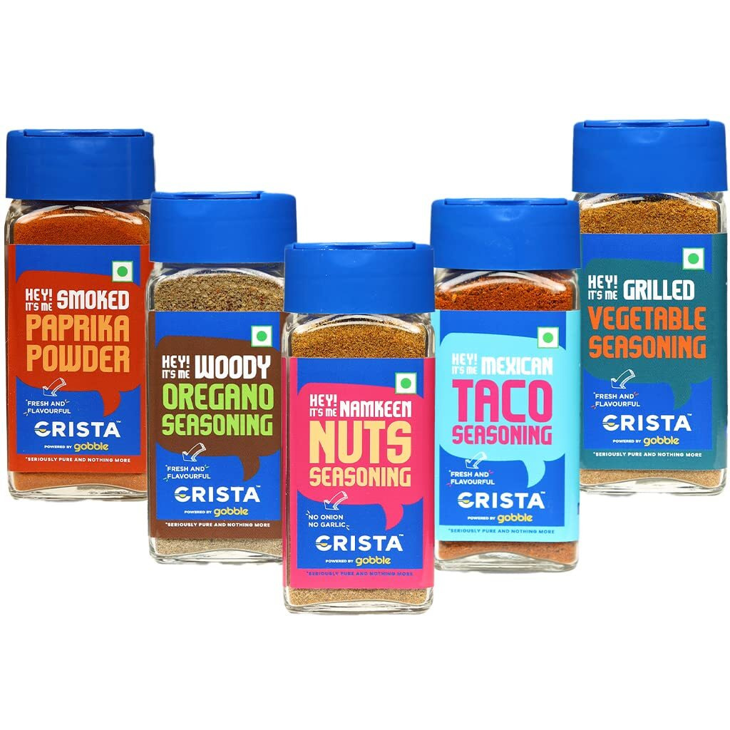 CRISTA International Seasonings Combo - 3 | Paprika Powder x 1, 45 gms | Taco Seasoning x 1, 45 gms | Oregano Seasoning x 1, 50 gms | Vegetable Seasoning x 1, 50 gms | Nuts Seasoning 50 gm | Pack of 5