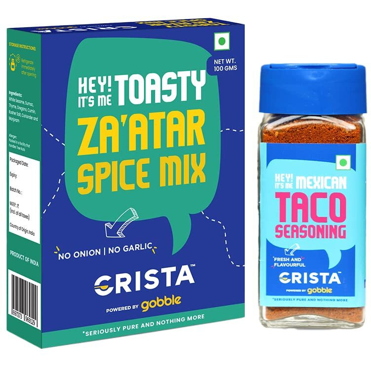 CRISTA Zaatar and Taco Seasoning Combo Pack | Zaatar Spice Mix x 1, 100 gms | Taco Seasoning x 1, 45 gms | Pack of 2 | Zero added Colours, Fillers, Additives & Preservatives