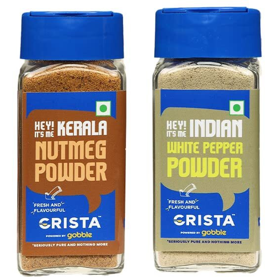 CRISTA White Pepper Powder and Nutmeg Powder Combo Pack | White Pepper Powder x 1, 50 gms | Nutmeg Powder x 1, 50 gms | Pack of 2 | Zero added Colours, Fillers, Additives & Preservatives