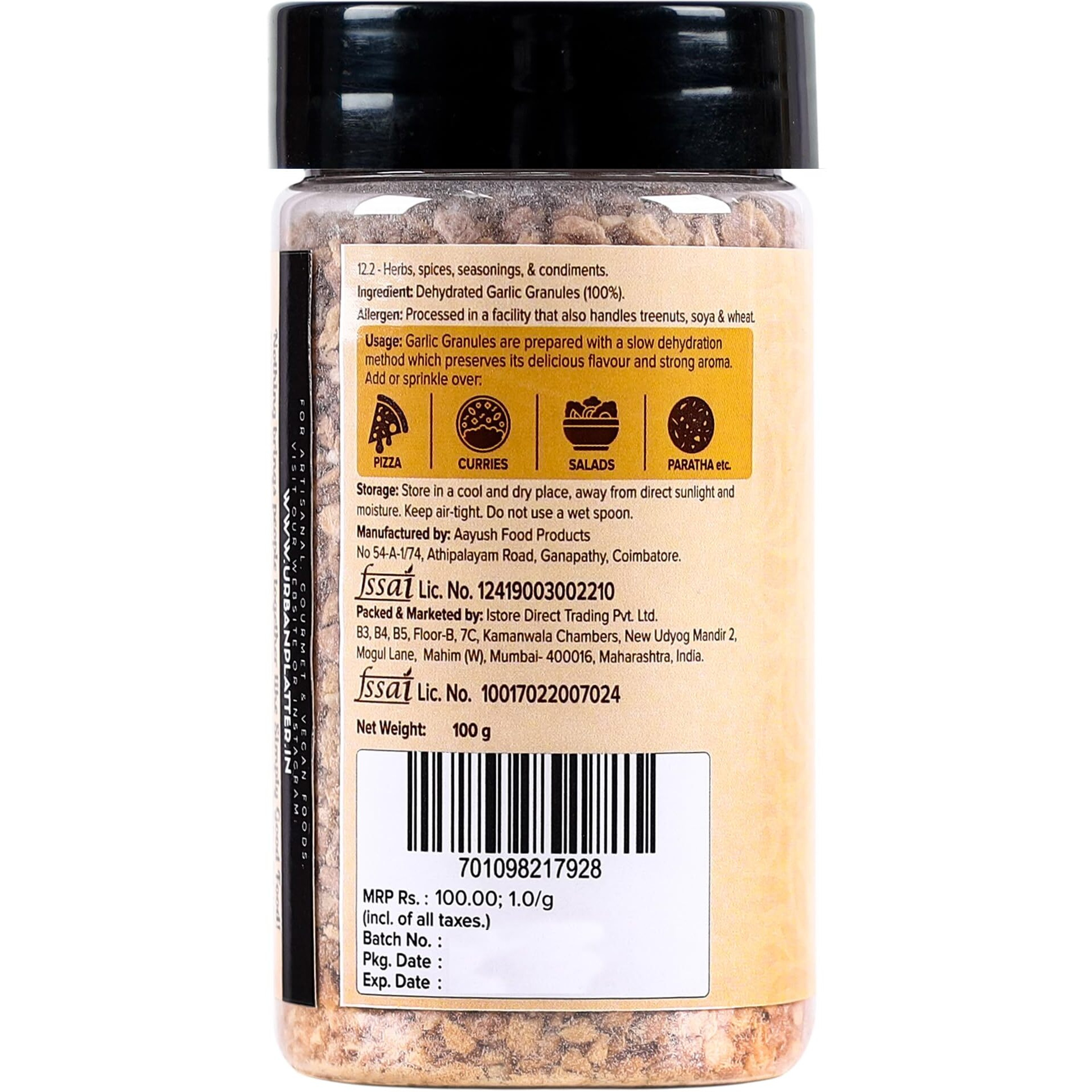 Urban Platter Dehydrated Garlic Granules Shaker Jar, 100g / 3.5oz [Versatile, Savoury, Great Flavour]