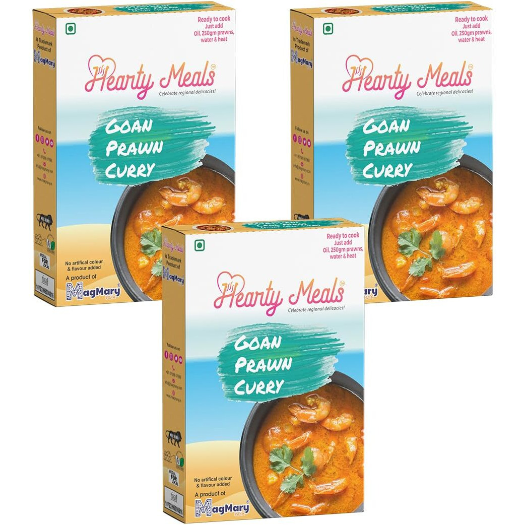 Hearty Meals Instant Goan Prawn, Shrimp Curry Cooking Mix, Pack of 3 (120g each, 360g) | Gravy Goa Style Masala | Ready in 20-25 min | Serves 15-18 | No Preservatives | Ready To Cook Indian Premix