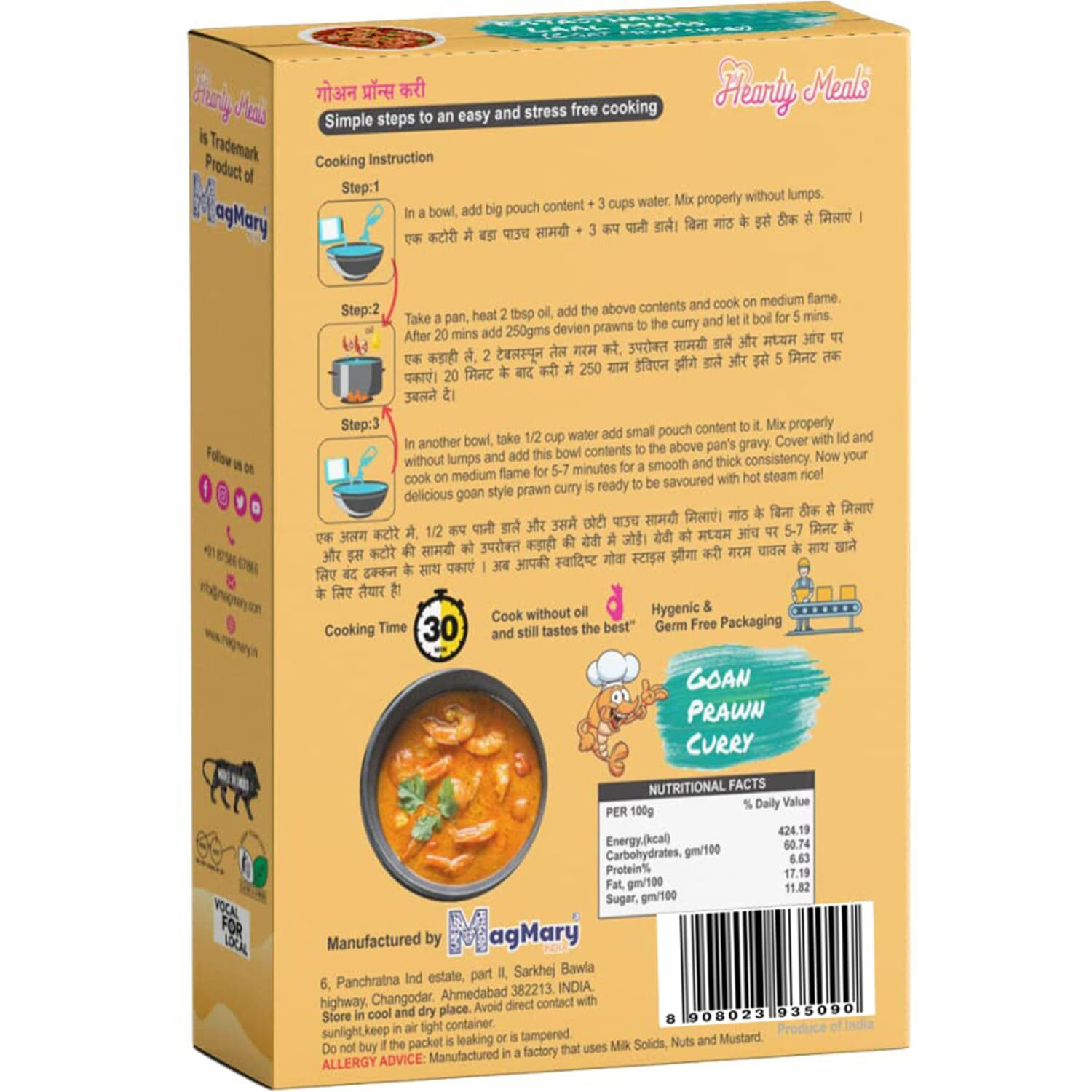 Hearty Meals Instant Goan Prawn, Shrimp Curry Cooking Mix, Pack of 3 (120g each, 360g) | Gravy Goa Style Masala | Ready in 20-25 min | Serves 15-18 | No Preservatives | Ready To Cook Indian Premix