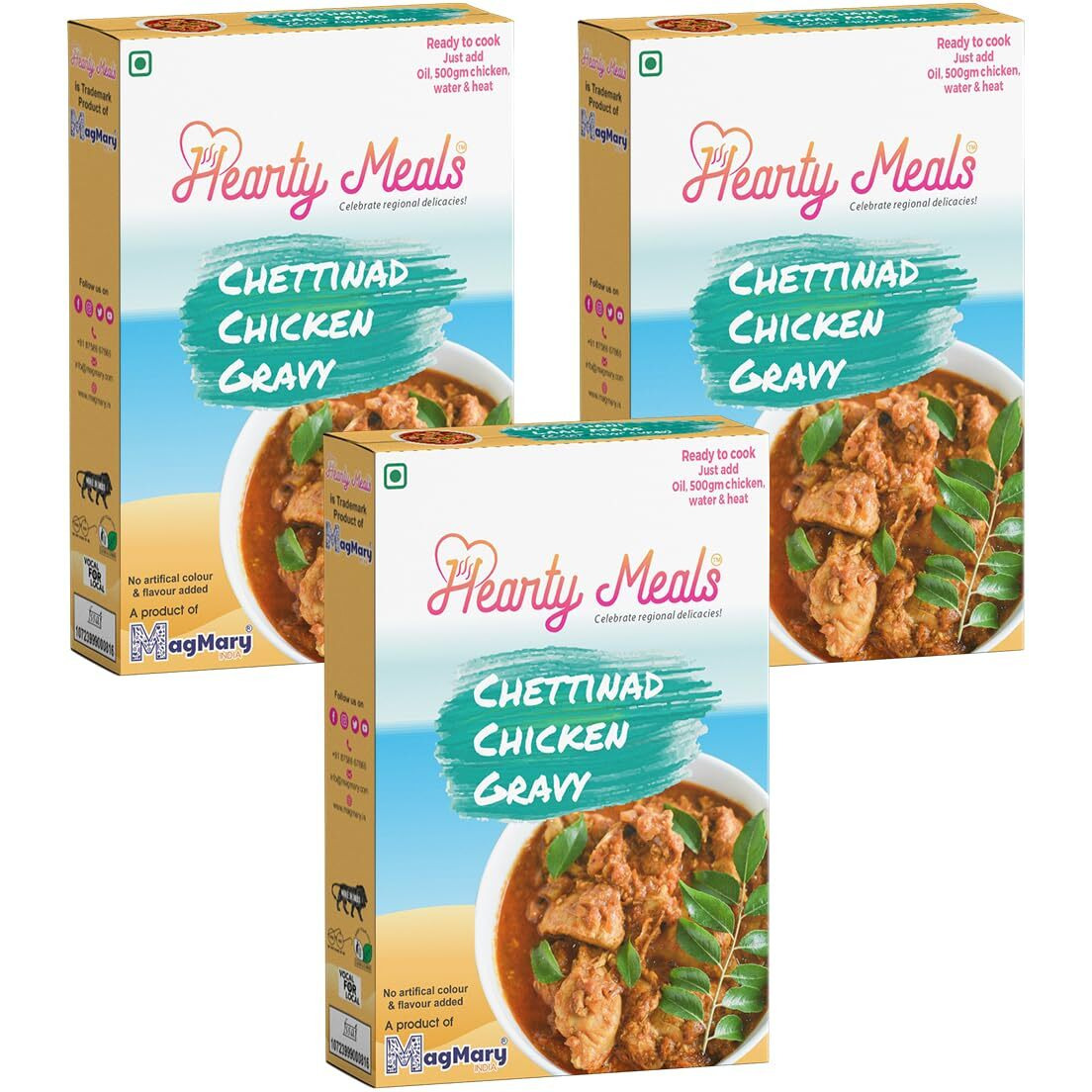 Hearty Meals Chettinad Chicken Gravy Cooking Mix, Pack of 3 (90g each) | Instant Gravy Masala Mix Tamil Nadu Style | Ready in 20 - 25 min | Serves 15-18 | No Preservatives | Ready To Cook Indian Premix Masala Spice