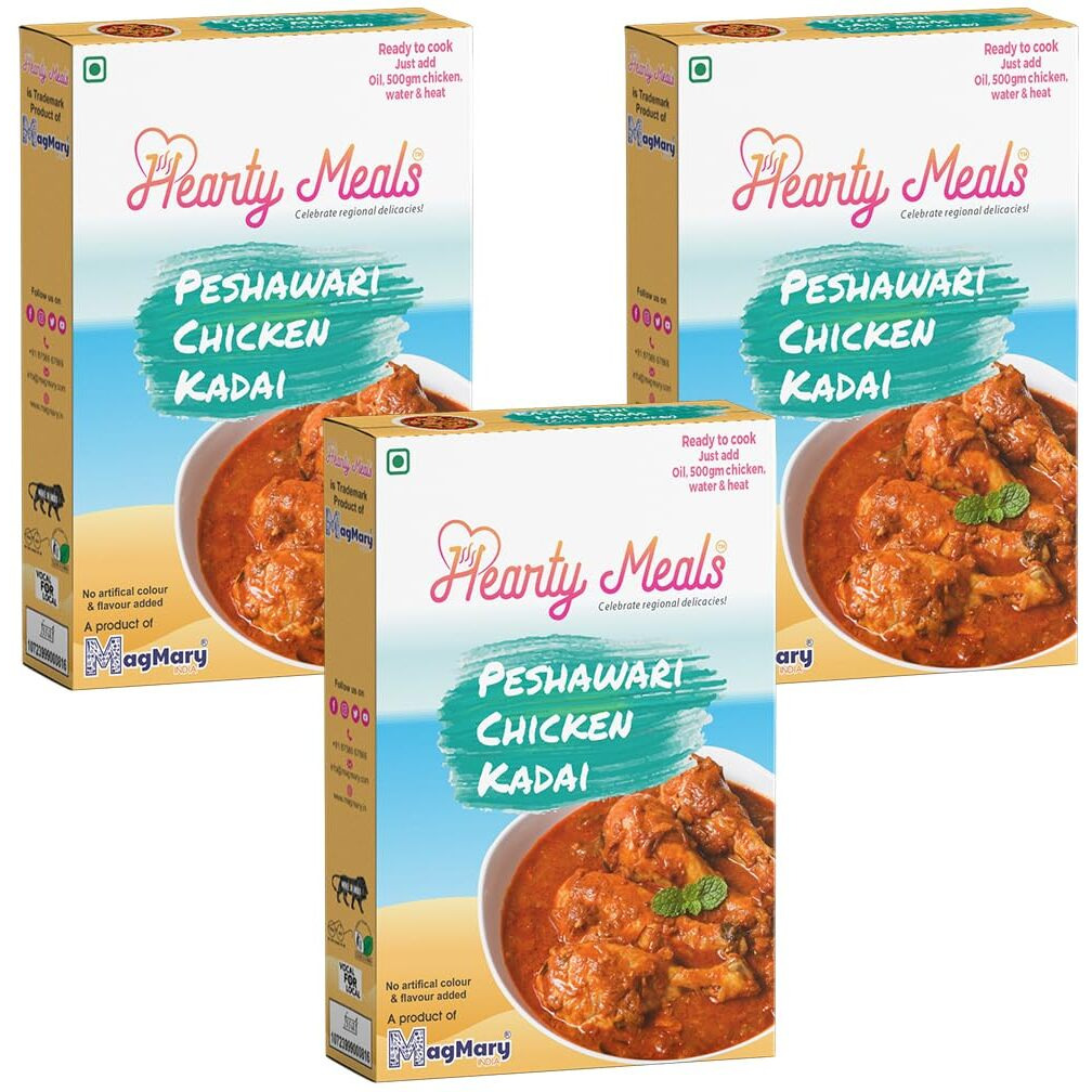 Hearty Meals Instant Peshawari Chicken Kadai / Chicken Angara Cooking Mix, Pack of 3 (80g each) | Instant Gravy Masala Mix Peshawari Style | Ready in 20 - 25 min | Serves 15-18 | No Preservatives | Ready To Cook Indian Masala Spice