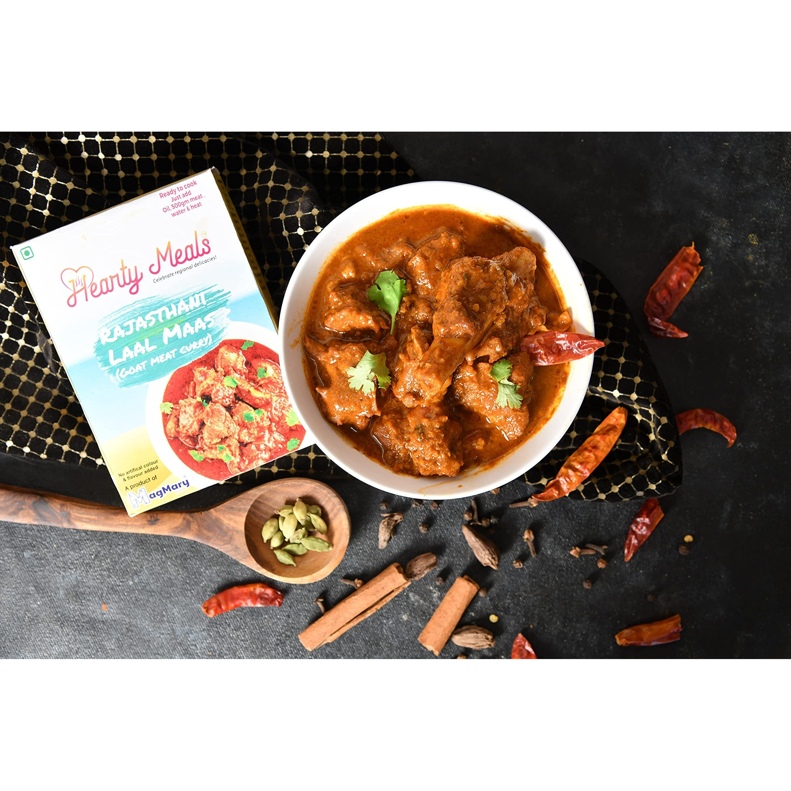 Hearty Meals Rajasthani Laal Maas/ Red Mutton Cooking Mix, Pack of 3 (75g each) | Instant Gravy Masala Mix Rajasthani Style | Ready in 20 - 25 min | Serves 15-18 | No Preservatives | Ready To Cook Indian Masala Spice