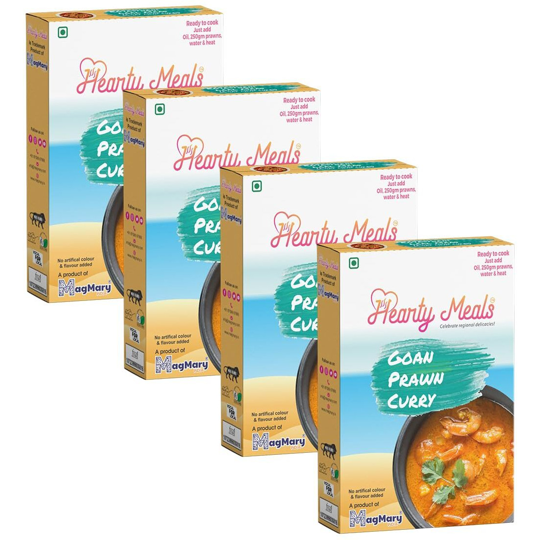 Hearty Meals Instant Goan Prawn/Shrimp Curry Cooking Mix, Pack of 4 (120g each, 480g) | Gravy Masala Mix Goa Style | Ready in 20 - 25 min | Serves 20-24 | No Preservatives | Ready To Cook Indian Premix Masala Spice