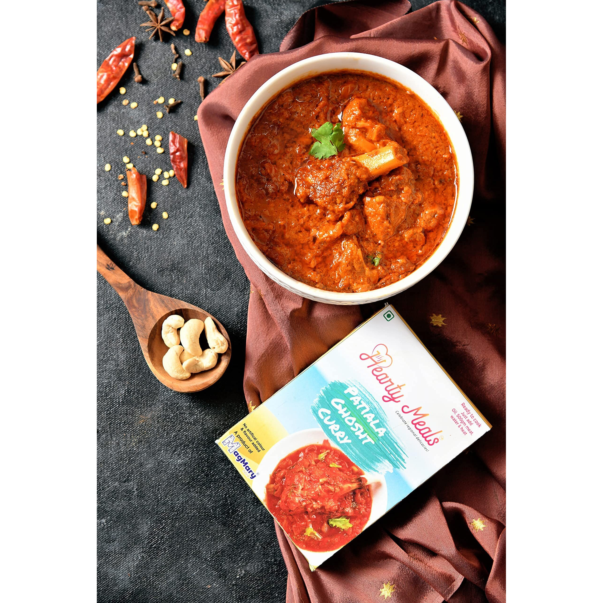 Hearty Meals Patiala Gosht Curry Cooking Mix, Pack of 4 (75g each) | Instant Gravy Red Mutton Masala Mix Patiala Style | Ready in 20 - 25 min | Serves 20-24 | No Preservatives | Ready To Cook Indian Premix Masala Spice