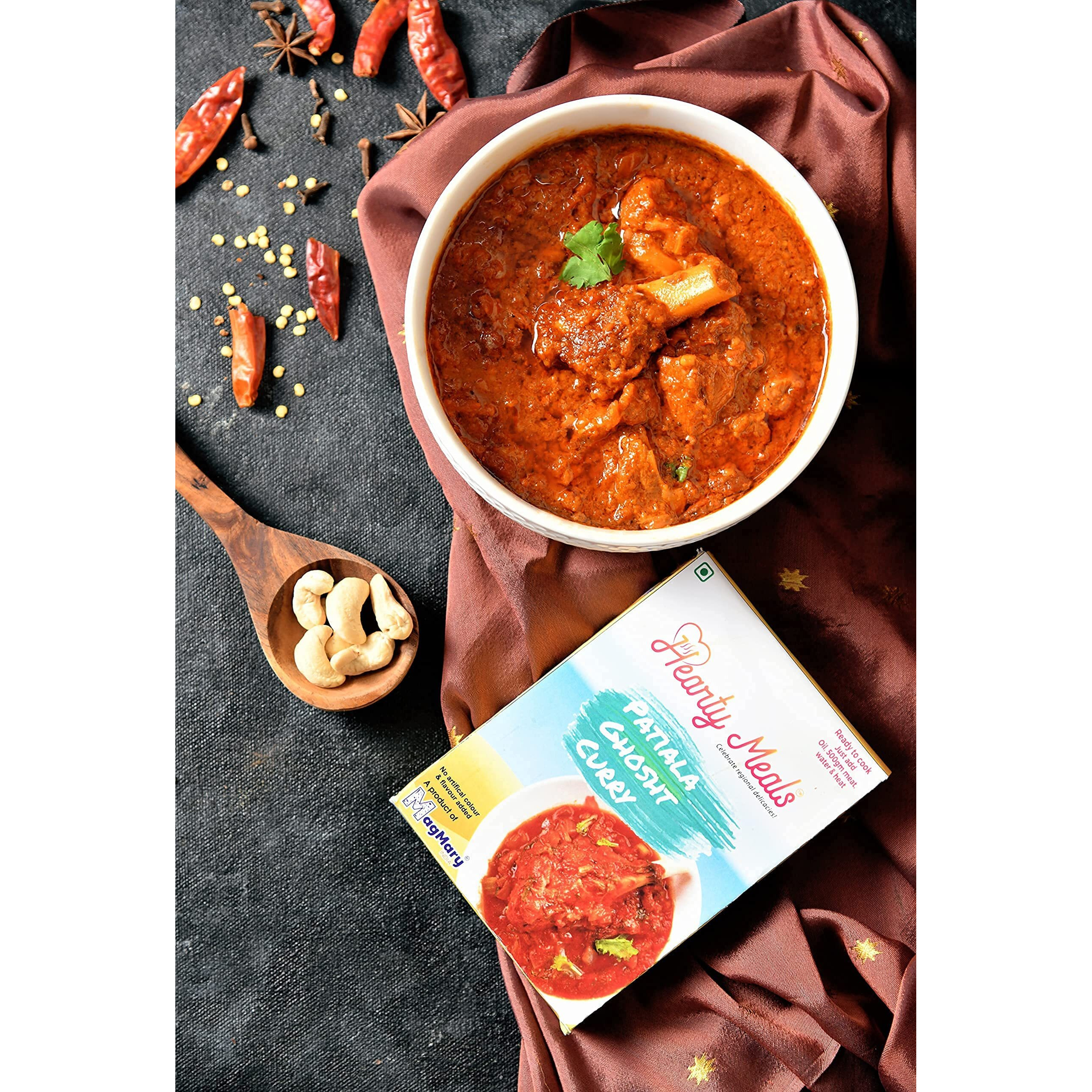 Hearty Meals Patiala Gosht Curry Cooking Mix, Pack of 6 (75g each) | Instant Gravy Red Mutton Masala Mix Patiala Style | Ready in 20 - 25 min | Serves 30-36 | No Preservatives | Ready To Cook Indian Premix Masala Spice |