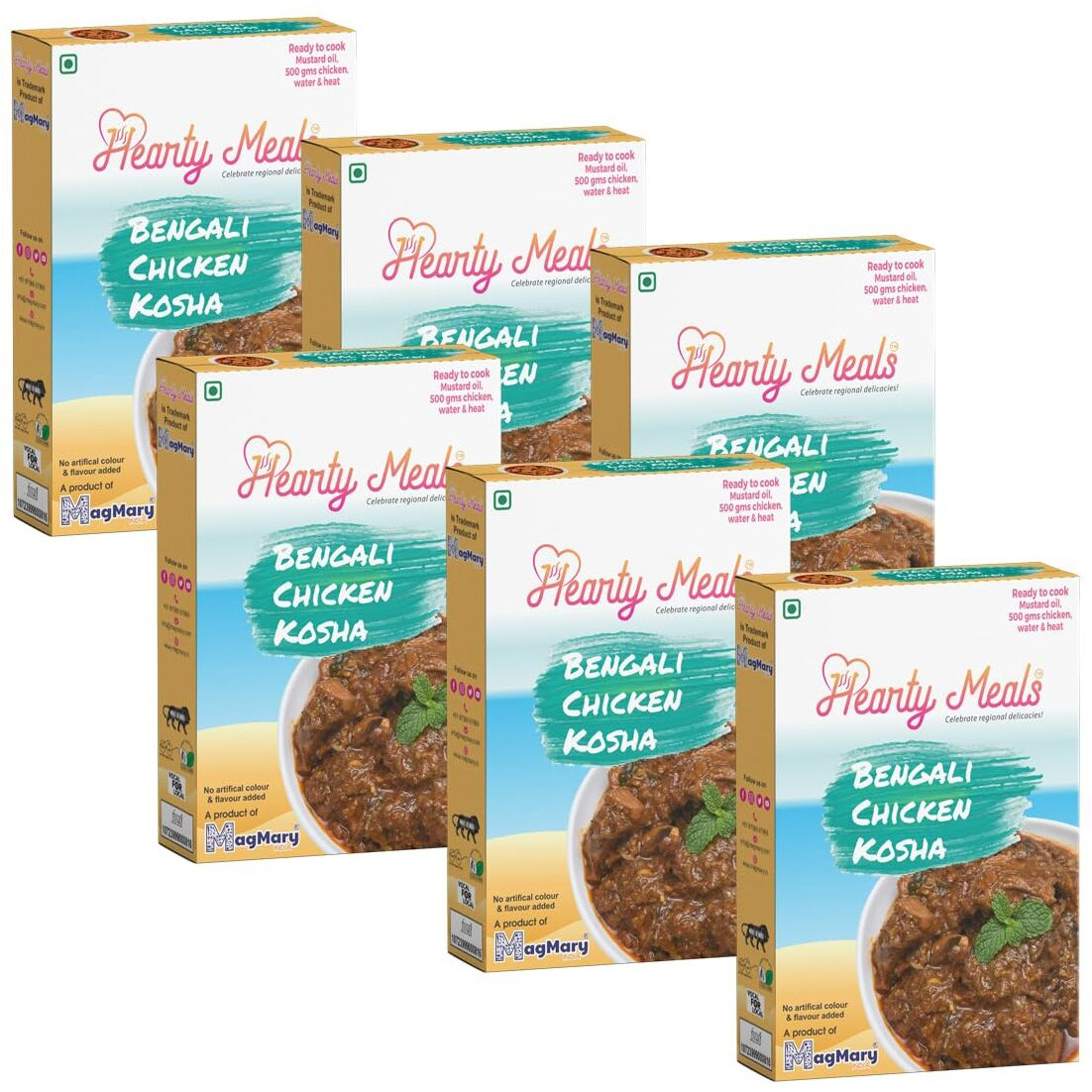 Hearty Meals Kolkata Kosha Mutton Chicken Curry Mix, Pack of 6 (75g each) | Instant Gravy Masala Mix Bengali Style | Ready in 20 - 25 min | Serves 30-36 | No Preservatives | Ready To Cook Kosha Mangsho Indian Premix Masala Spice