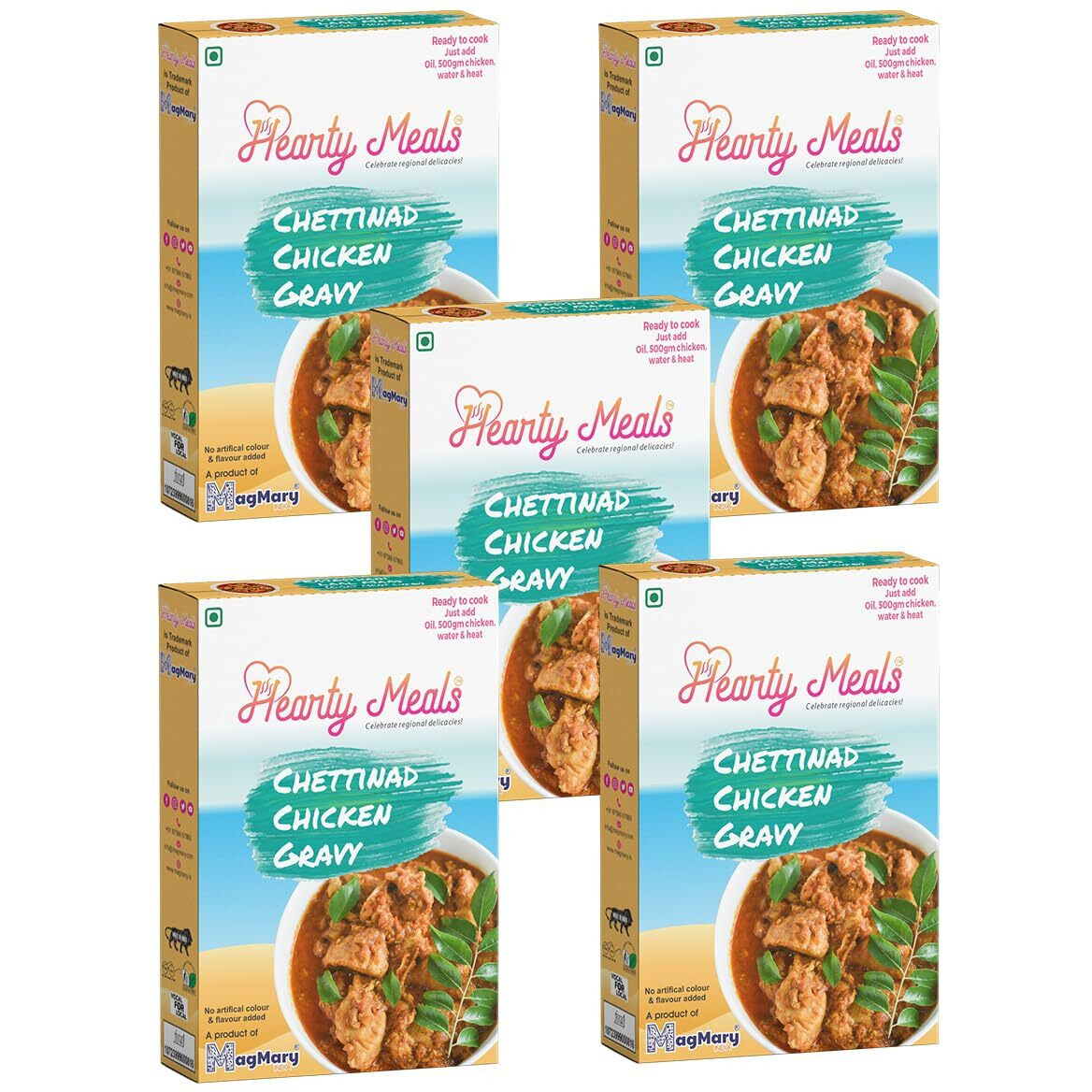 Hearty Meals Instant Chettinad Chicken Gravy Cooking Mix, Pack of 5 (90g each) | Gravy Masala Mix Tamil Nadu Style | Ready in 20 - 25 min | Serves 25-30 | No Preservatives | Ready To Cook Indian Premix Masala Spice