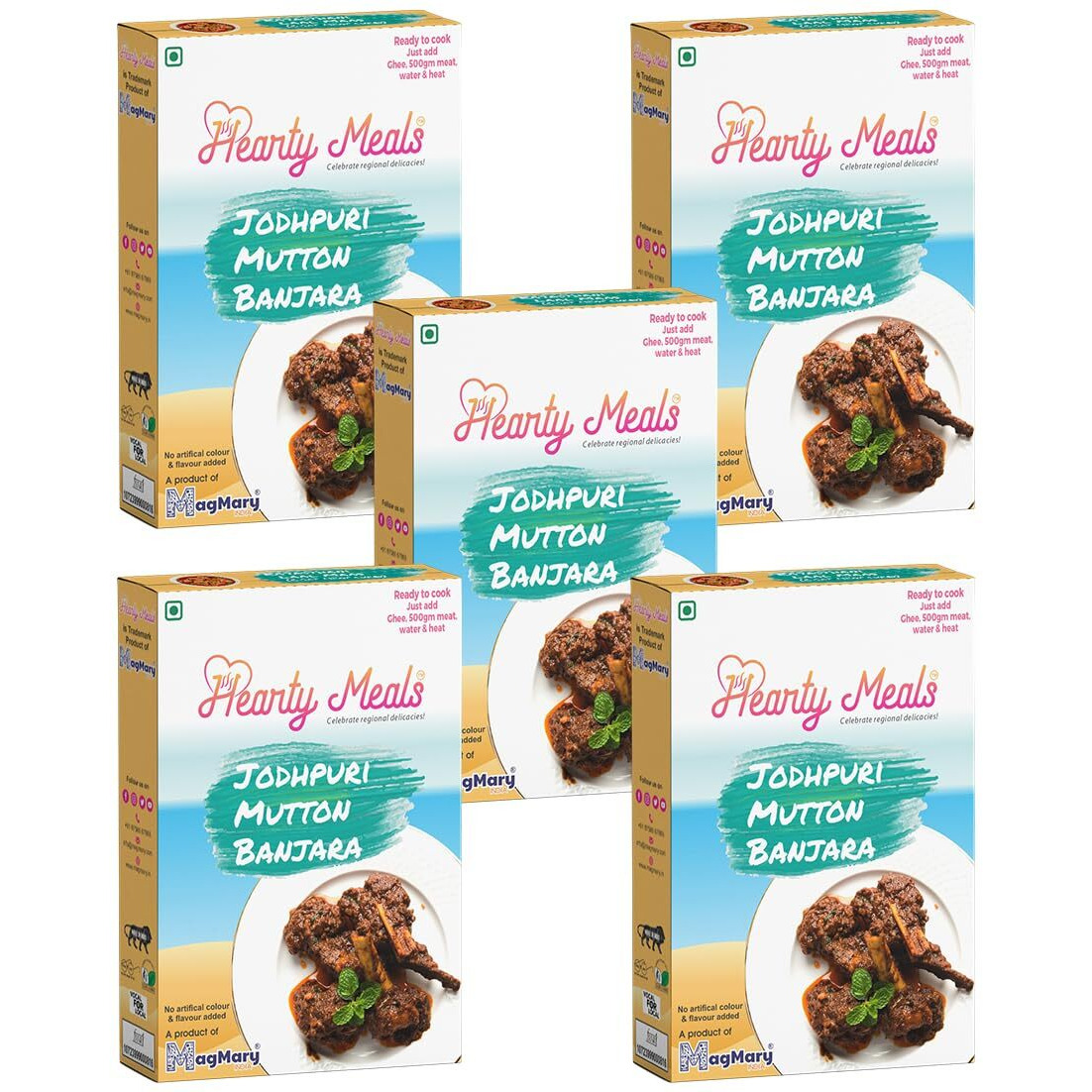 Hearty Meals Jodhpuri Mutton Banjara Ghosht/Gosht Cooking Mix, Pack of 5 (70g each) | Jodhpuri Style Rogan Josh Red Mutton Instant Gravy Meat Masala Premix | Ready in 20 - 25 min | Serves 25-30 | No Preservatives | Ready To Cook Indian Premix Masala Spice