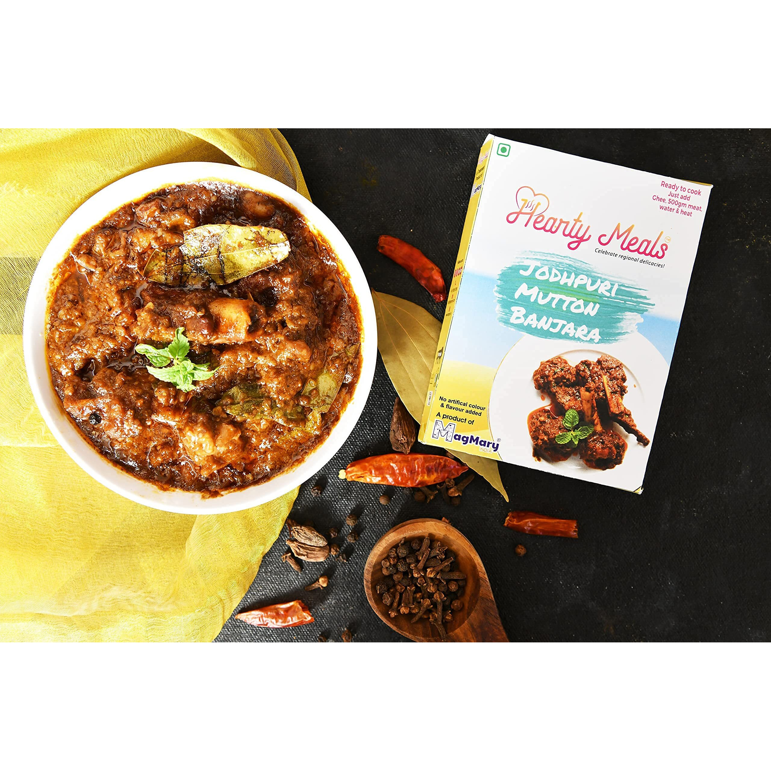 Hearty Meals Jodhpuri Mutton Banjara Ghosht/Gosht Cooking Mix, Pack of 5 (70g each) | Jodhpuri Style Rogan Josh Red Mutton Instant Gravy Meat Masala Premix | Ready in 20 - 25 min | Serves 25-30 | No Preservatives | Ready To Cook Indian Premix Masala Spice