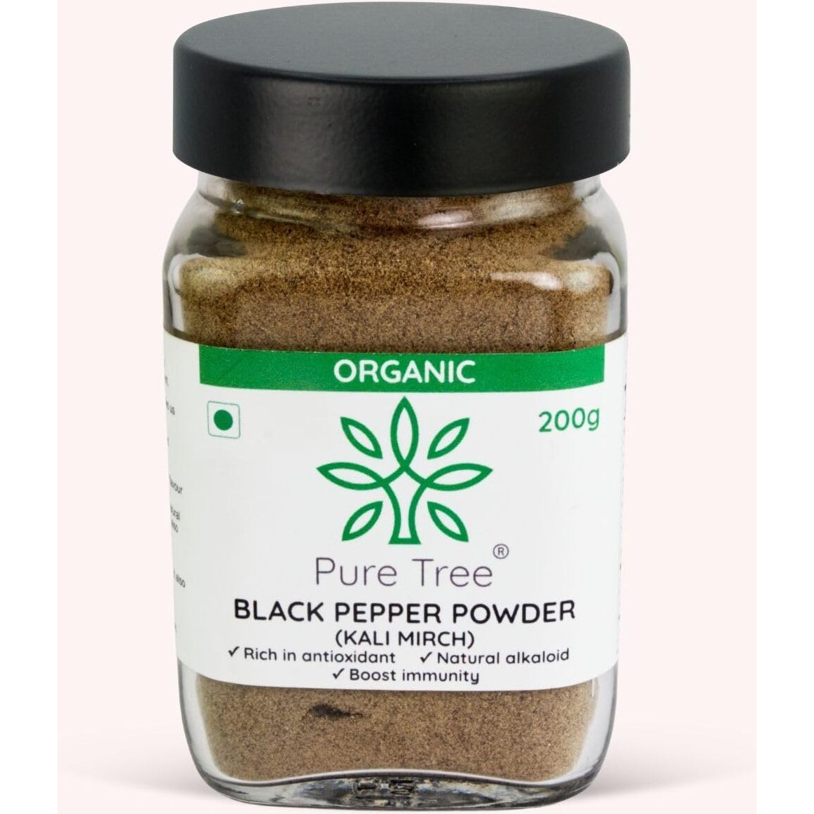 Pure Tree Certified Organic Black Pepper Powder | 200 g | Glass Jar | Kali Mirch Powder | Black Peppercorn Kaali Mirch | Aromatic Black Pepper Seeds Powder | Miriyalu Powder Spices