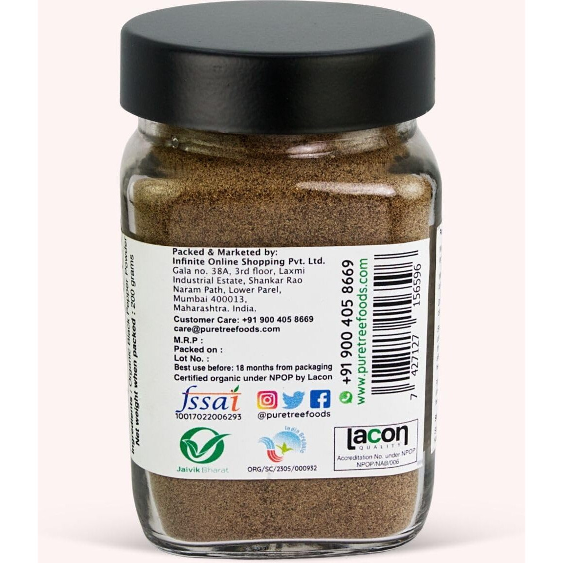 Pure Tree Certified Organic Black Pepper Powder | 200 g | Glass Jar | Kali Mirch Powder | Black Peppercorn Kaali Mirch | Aromatic Black Pepper Seeds Powder | Miriyalu Powder Spices