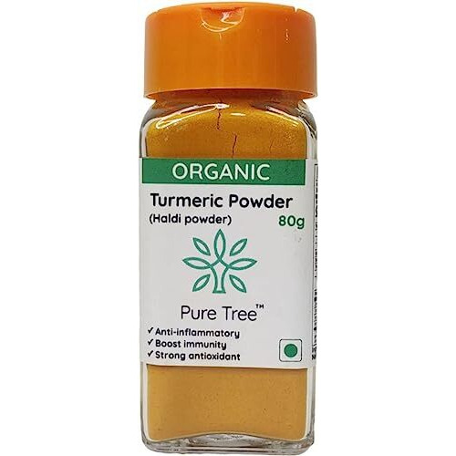 Pure Tree Certified Organic Haldi Powder | 80 g | Glass Jar | Turmeric Powder | Organic Spice Masala Powder | Turmeric Raw | Strong Antioxidant | Turmeric Powder for Milk