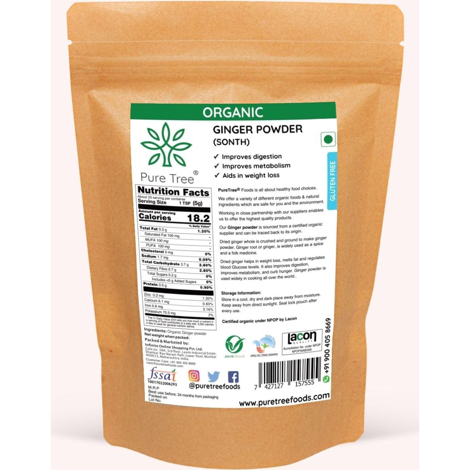 Pure Tree Certified Organic Adrak Powder | 100 g | Sonti Podi Dry Ginger Powder, Sonth Powder - Saunth | Allam Powder Ginger Root Powder For Cooking | Gluten Free Sukku Podi