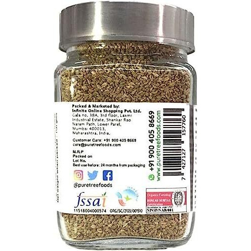 Pure Tree Certified Organic Carom Seeds|150 Gram|Glass Jar|Organic Ajwain Seeds|Omam Seeds Gluten-Free|Vamu Seeds|Ajowan|Ayamodakam Seeds Rich In Antioxidants