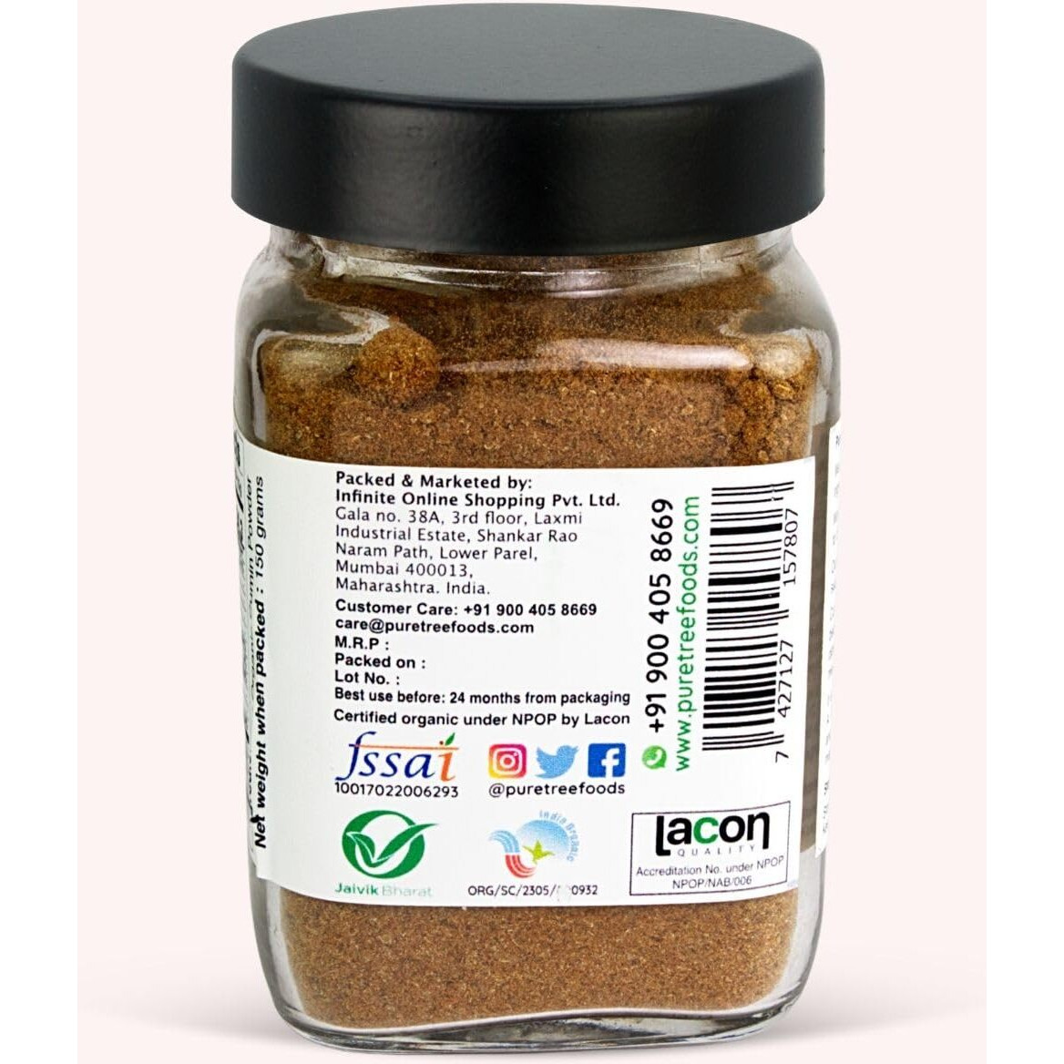 Pure Tree Certified Organic Jeera Powder | 150 g | Glass Jar | Jeelakarra | Zeera Powder | Cumin Powder | Organic Spices | Boost Immunity | Adds Flavor to Curries & Veg