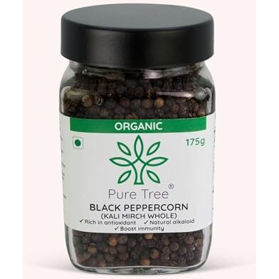 Pure Tree Certified Organic Kali Mirch Whole | 175 g | Glass Jar | Organic Black Pepper Whole | Black Peppercorn | Aromatic Black Pepper Seeds | Miriyalu Whole Spices