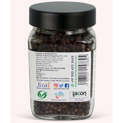 Pure Tree Certified Organic Kali Mirch Whole | 175 g | Glass Jar | Organic Black Pepper Whole | Black Peppercorn | Aromatic Black Pepper Seeds | Miriyalu Whole Spices