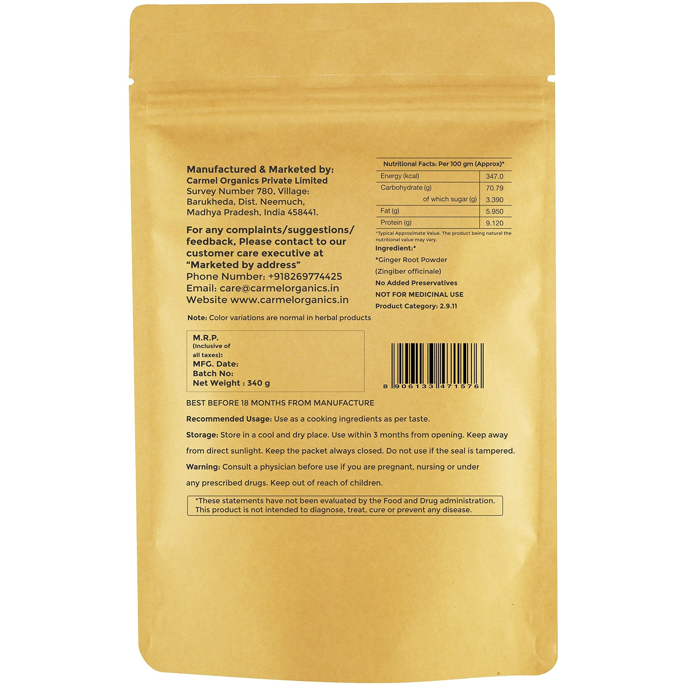 CARMEL ORGANICS Ginger Root Powder (340 Grams)| Zingiber Officinale | Non-Gmo | No Added Preservatives | Sukku Podi | Dry Sonth/Adrak Powder For Cooking And Health - Ginger